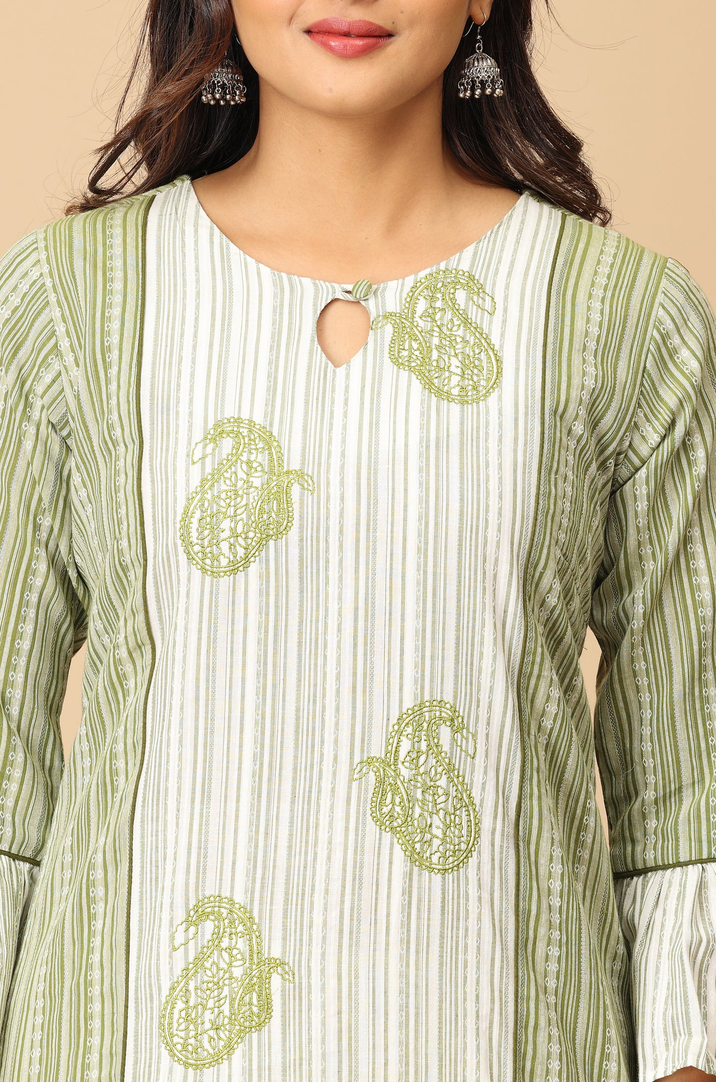 Green Cotton Dobby Bell Sleeve Straight Kurti