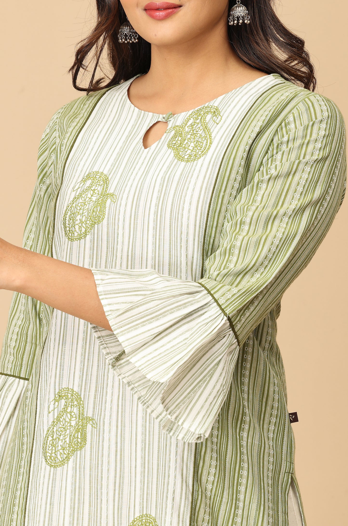 Green Cotton Dobby Bell Sleeve Straight Kurti