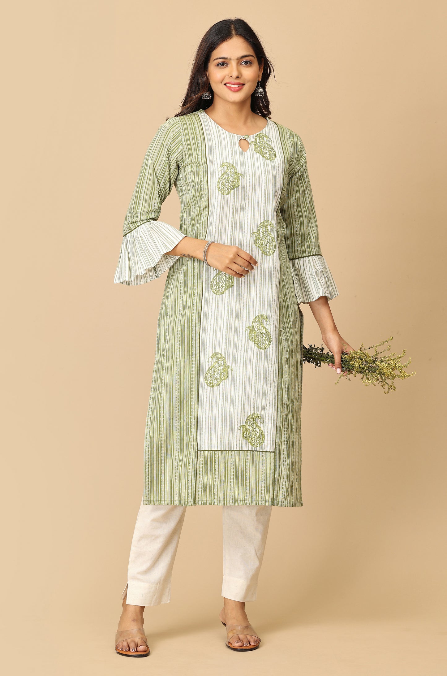 Green Cotton Dobby Bell Sleeve Straight Kurti