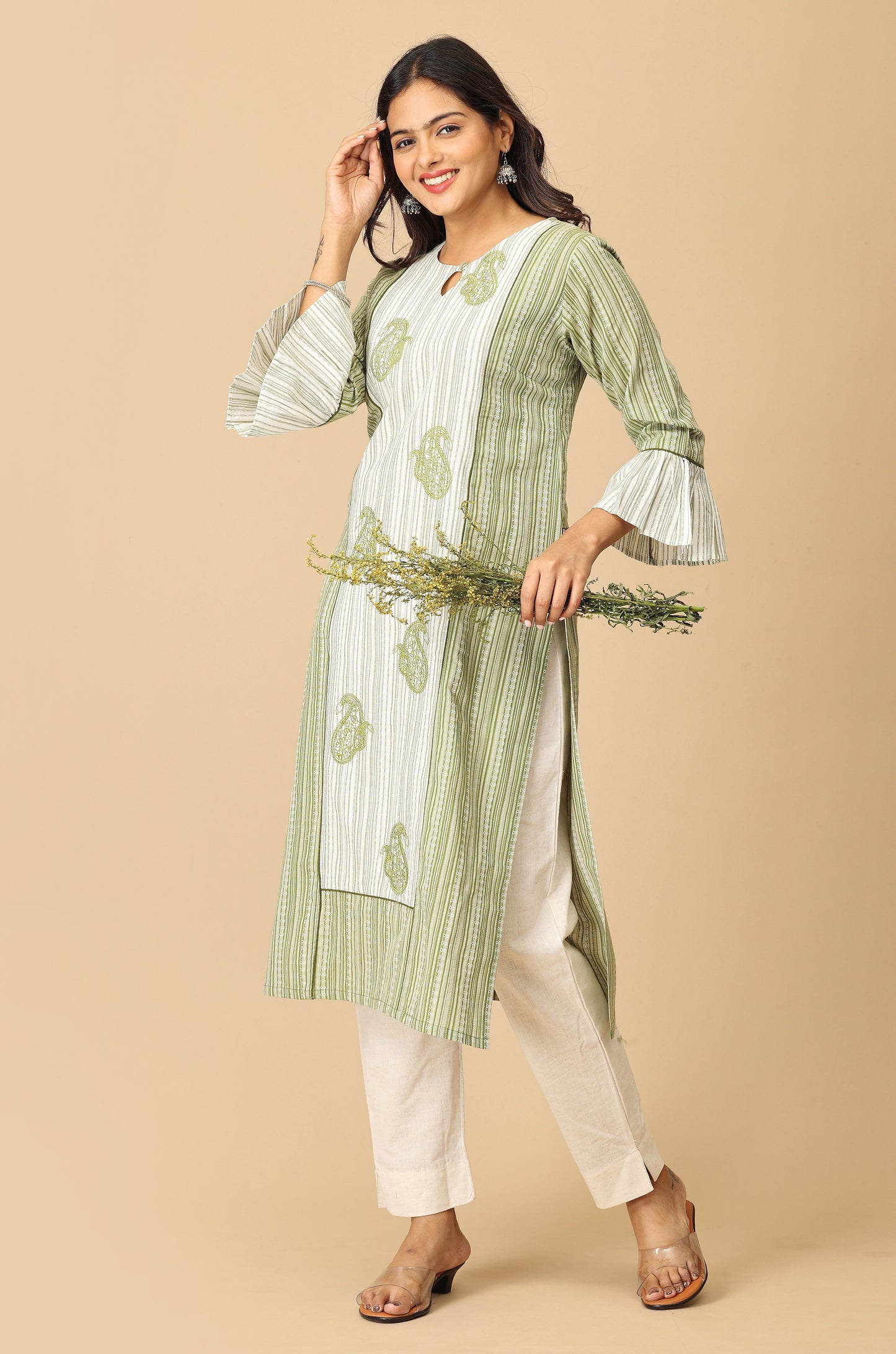 Green Cotton Dobby Bell Sleeve Straight Kurti