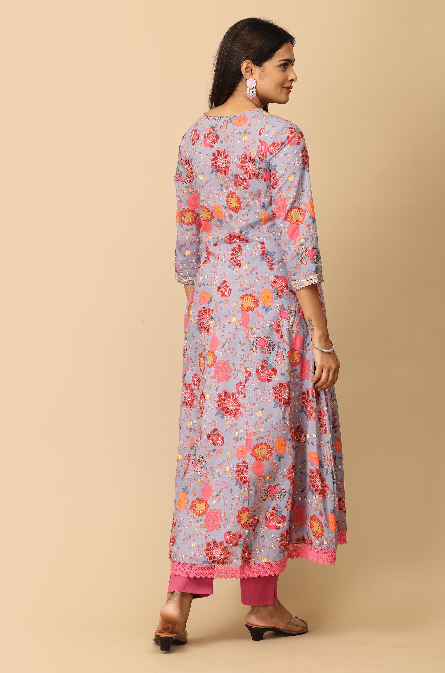 Grey Cotton Printed with Embroidery Anarkali