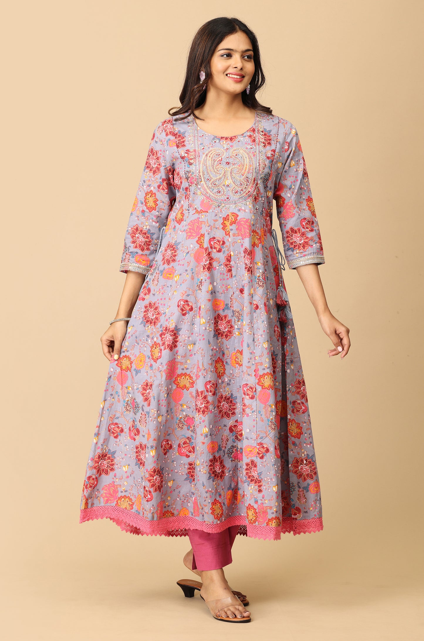 Grey Cotton Printed with Embroidery Anarkali