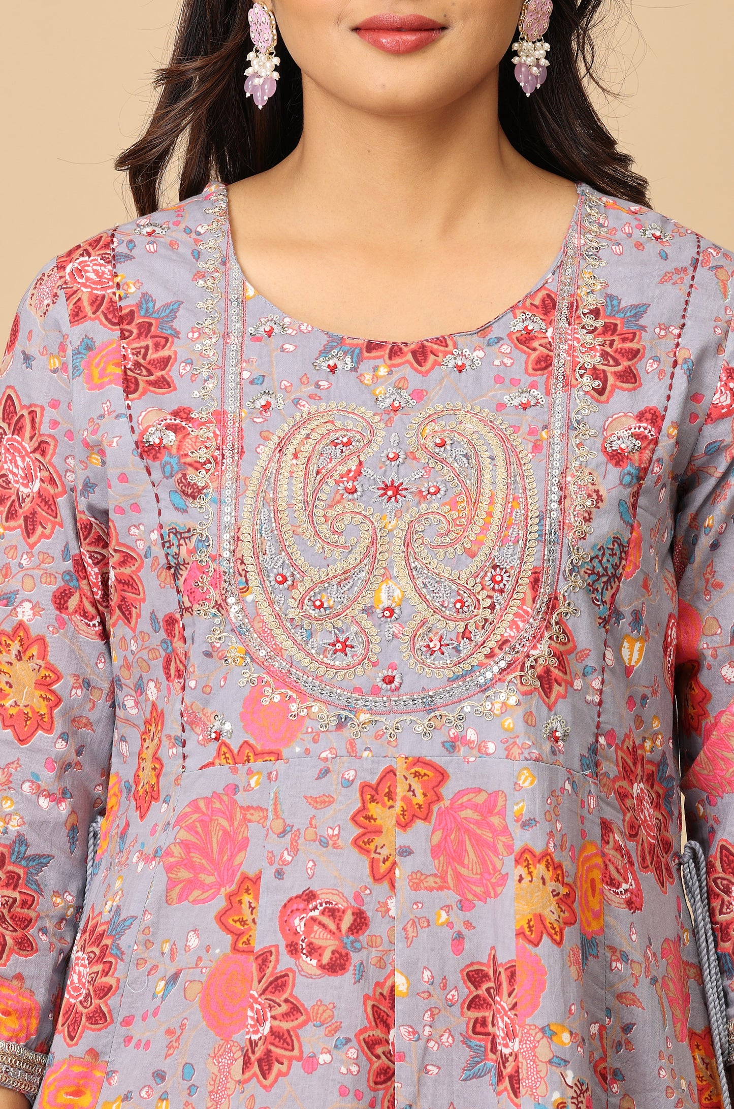 Grey Cotton Printed with Embroidery Anarkali