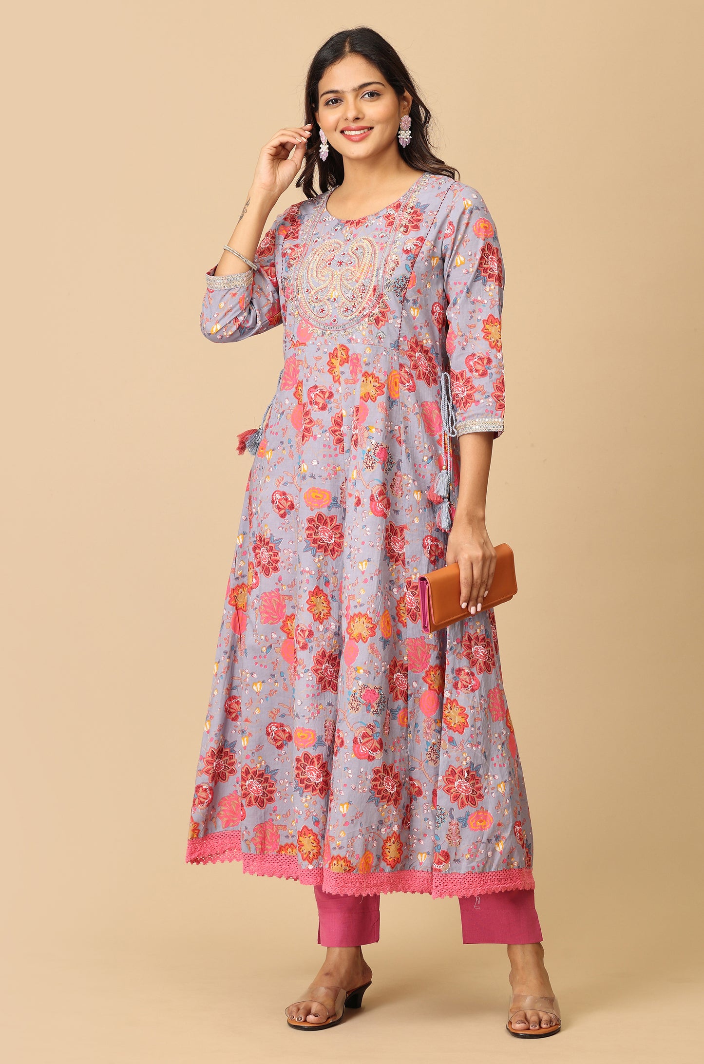 Grey Cotton Printed with Embroidery Anarkali