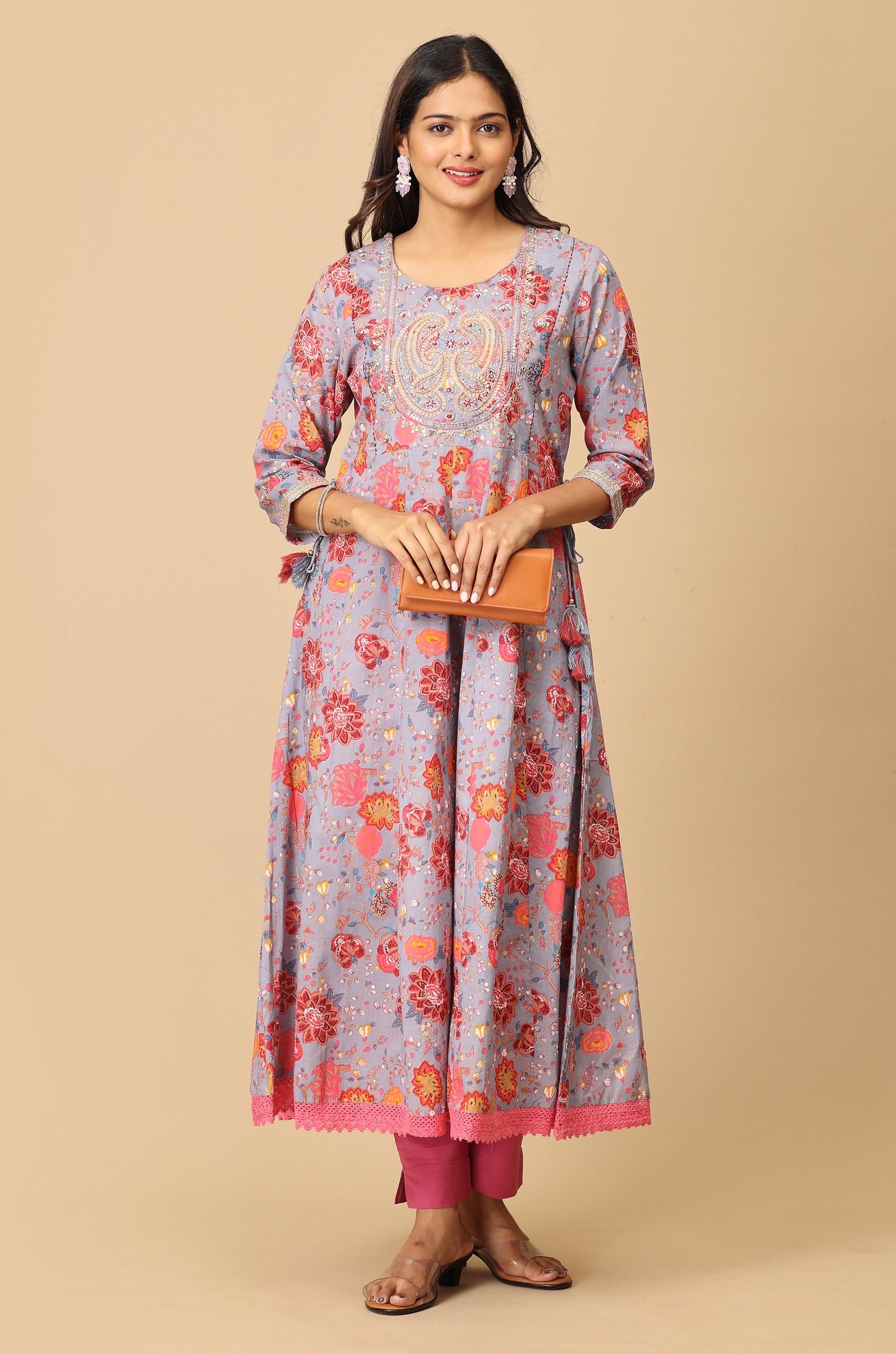 Grey Cotton Printed with Embroidery Anarkali