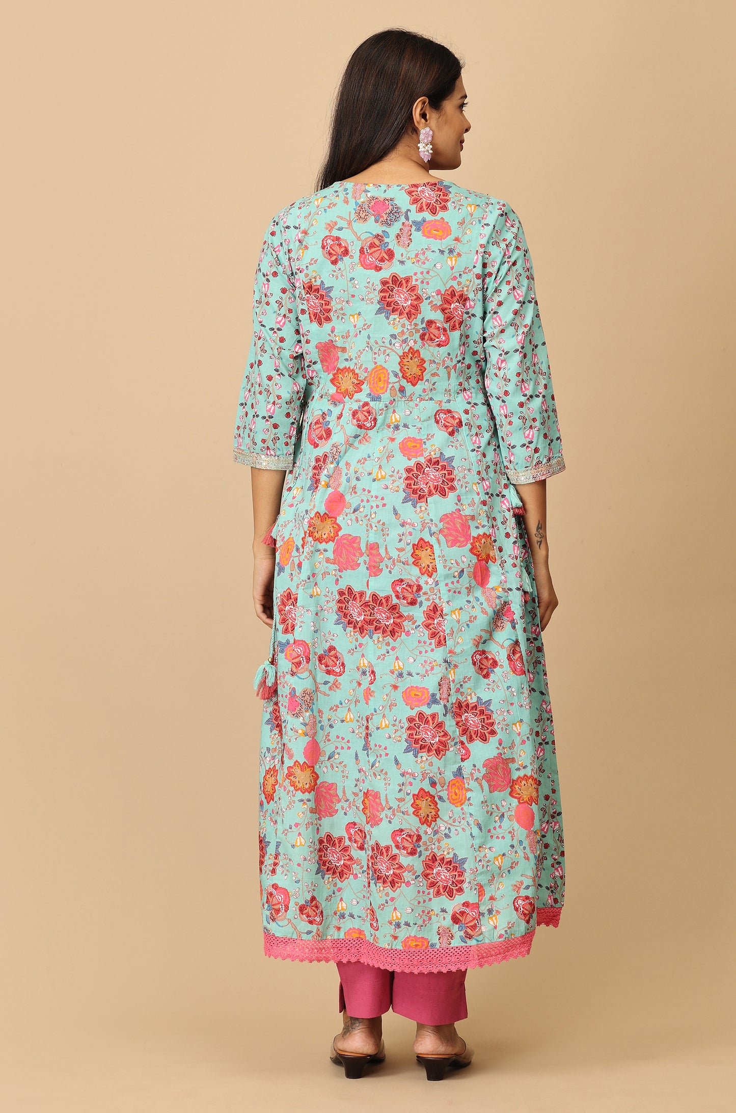 Teal Cotton Printed with Embroidery Anarkali