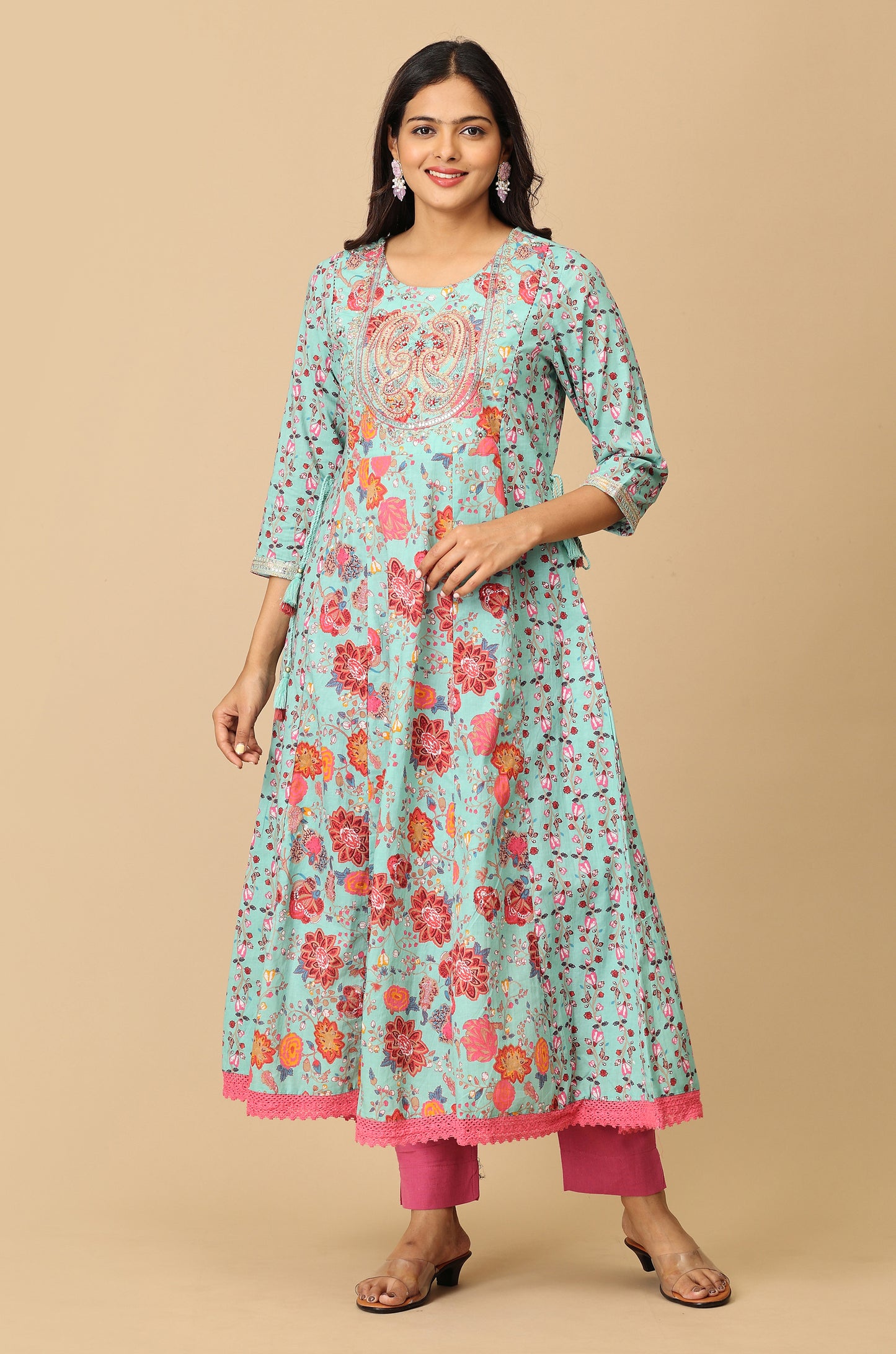 Teal Cotton Printed with Embroidery Anarkali