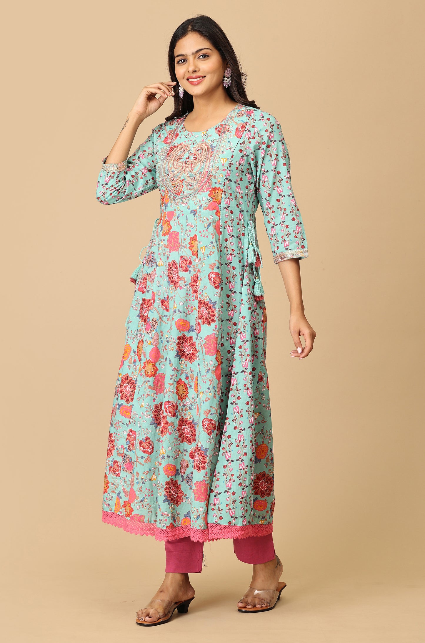 Teal Cotton Printed with Embroidery Anarkali