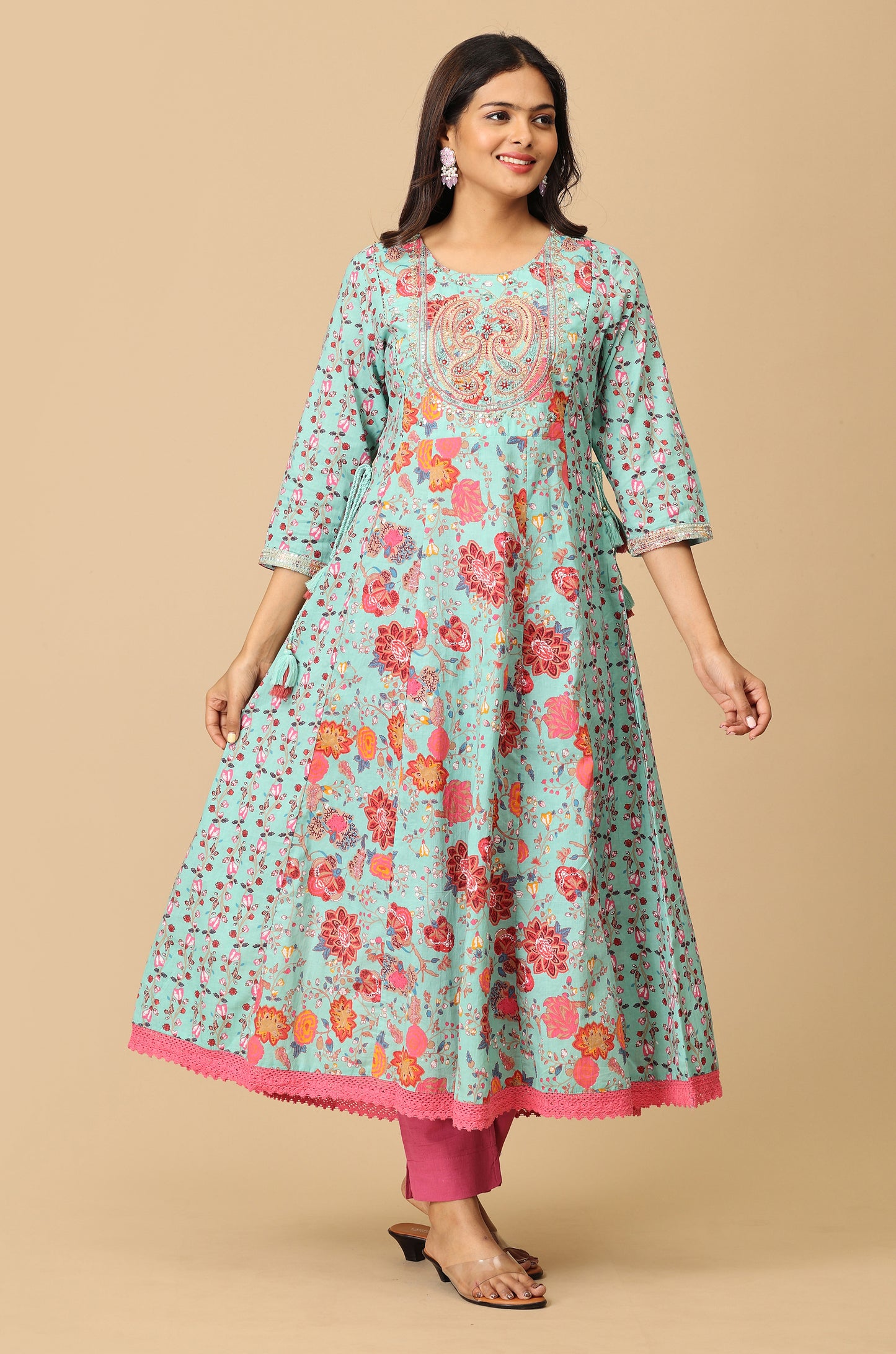 Teal Cotton Printed with Embroidery Anarkali