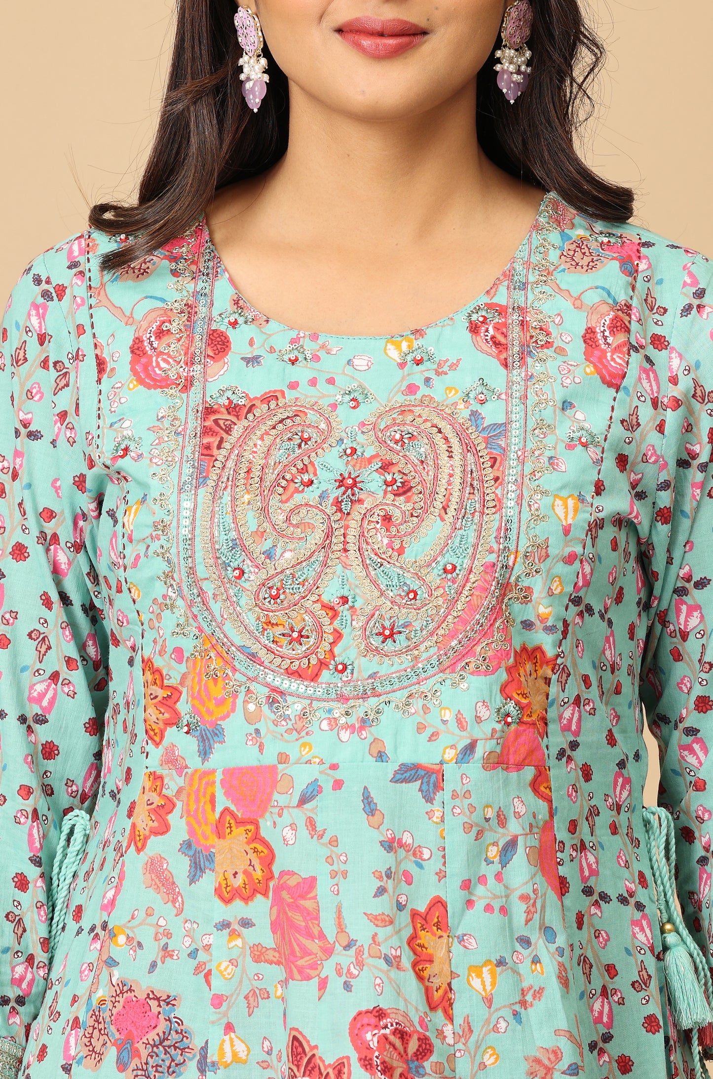 Teal Cotton Printed with Embroidery Anarkali