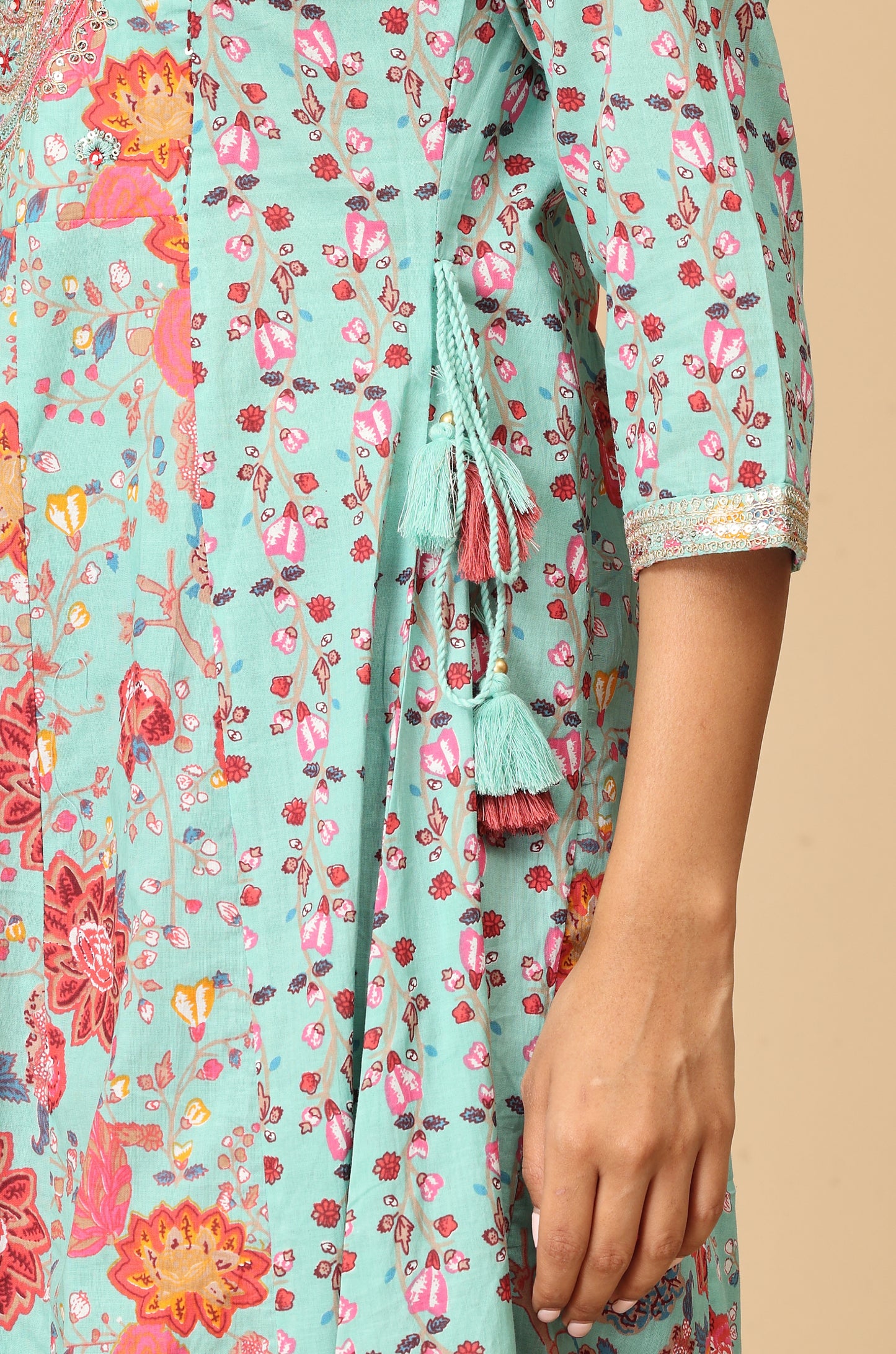 Teal Cotton Printed with Embroidery Anarkali