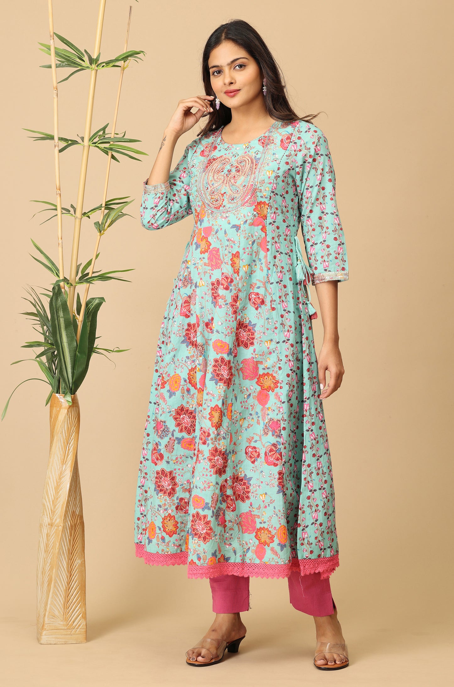 Teal Cotton Printed with Embroidery Anarkali