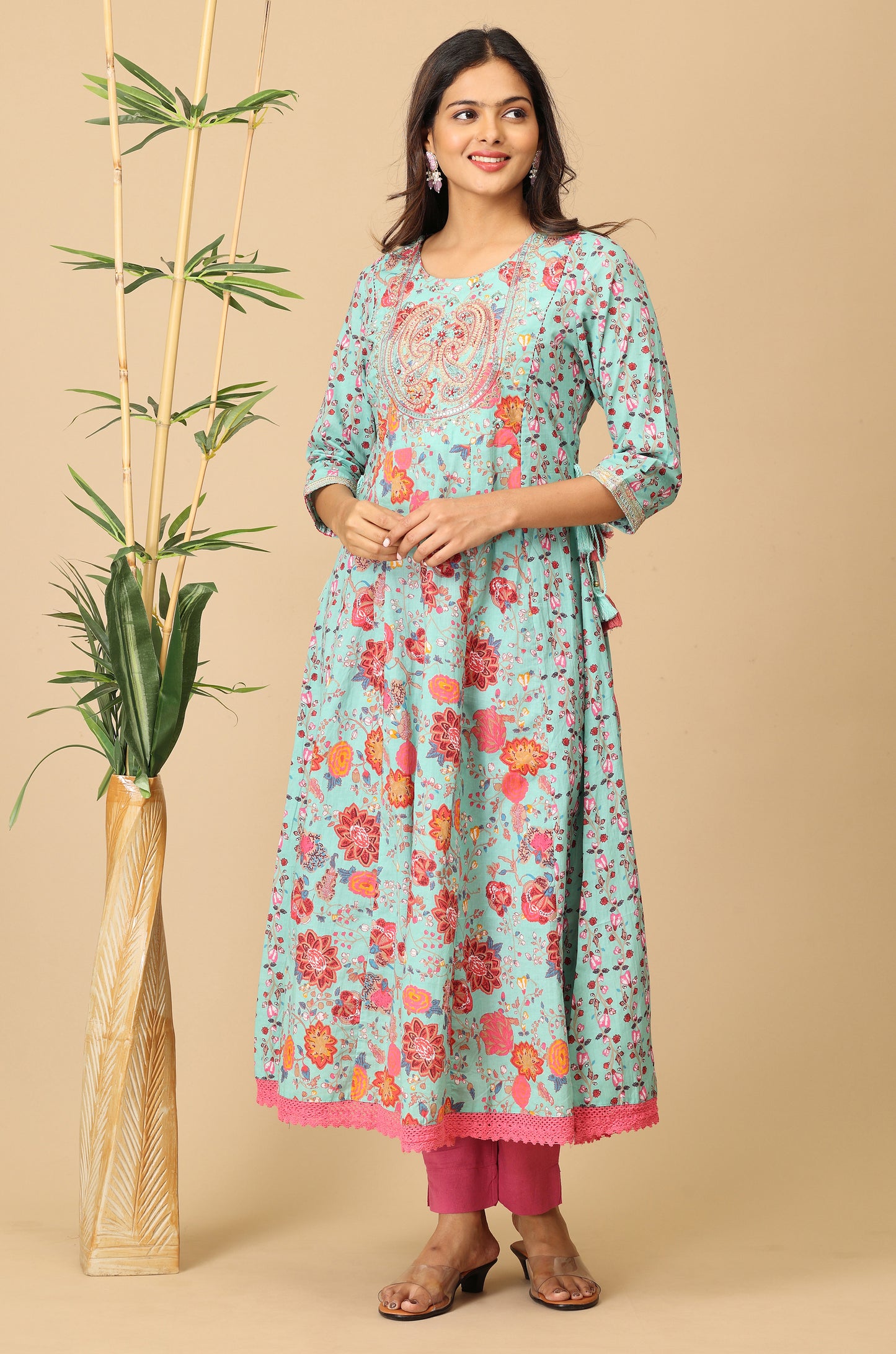 Teal Cotton Printed with Embroidery Anarkali