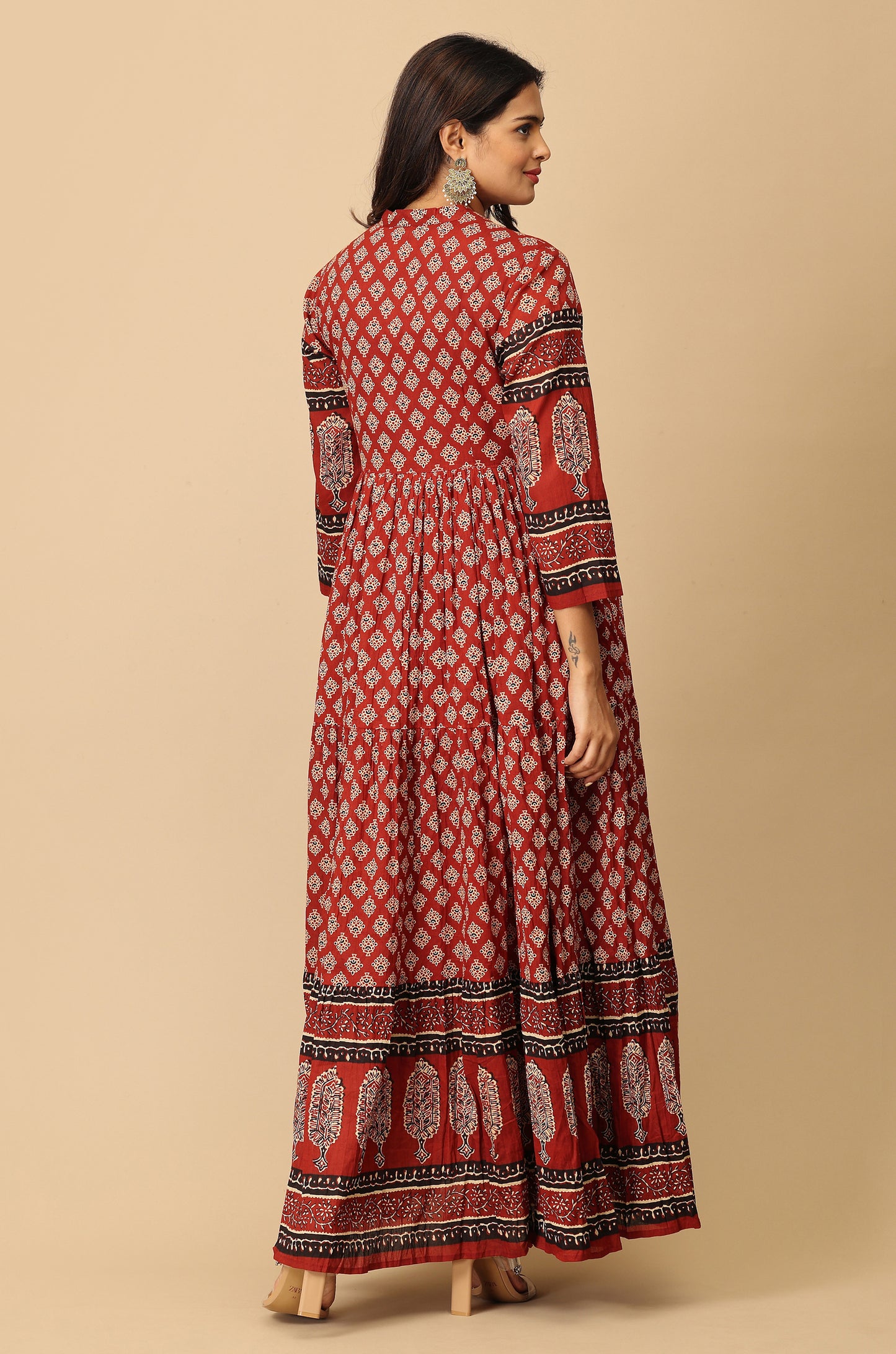 Maroon Printed Cotton Frills with Gathers A-Line Anarkali