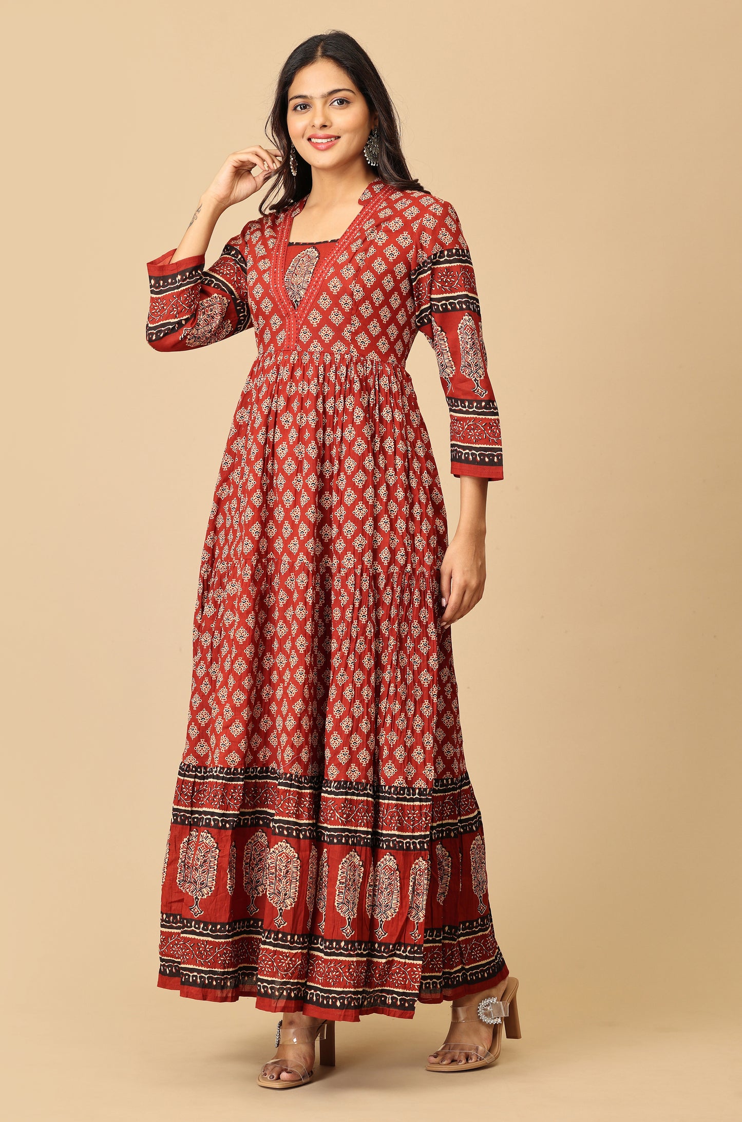 Maroon Printed Cotton Frills with Gathers A-Line Anarkali