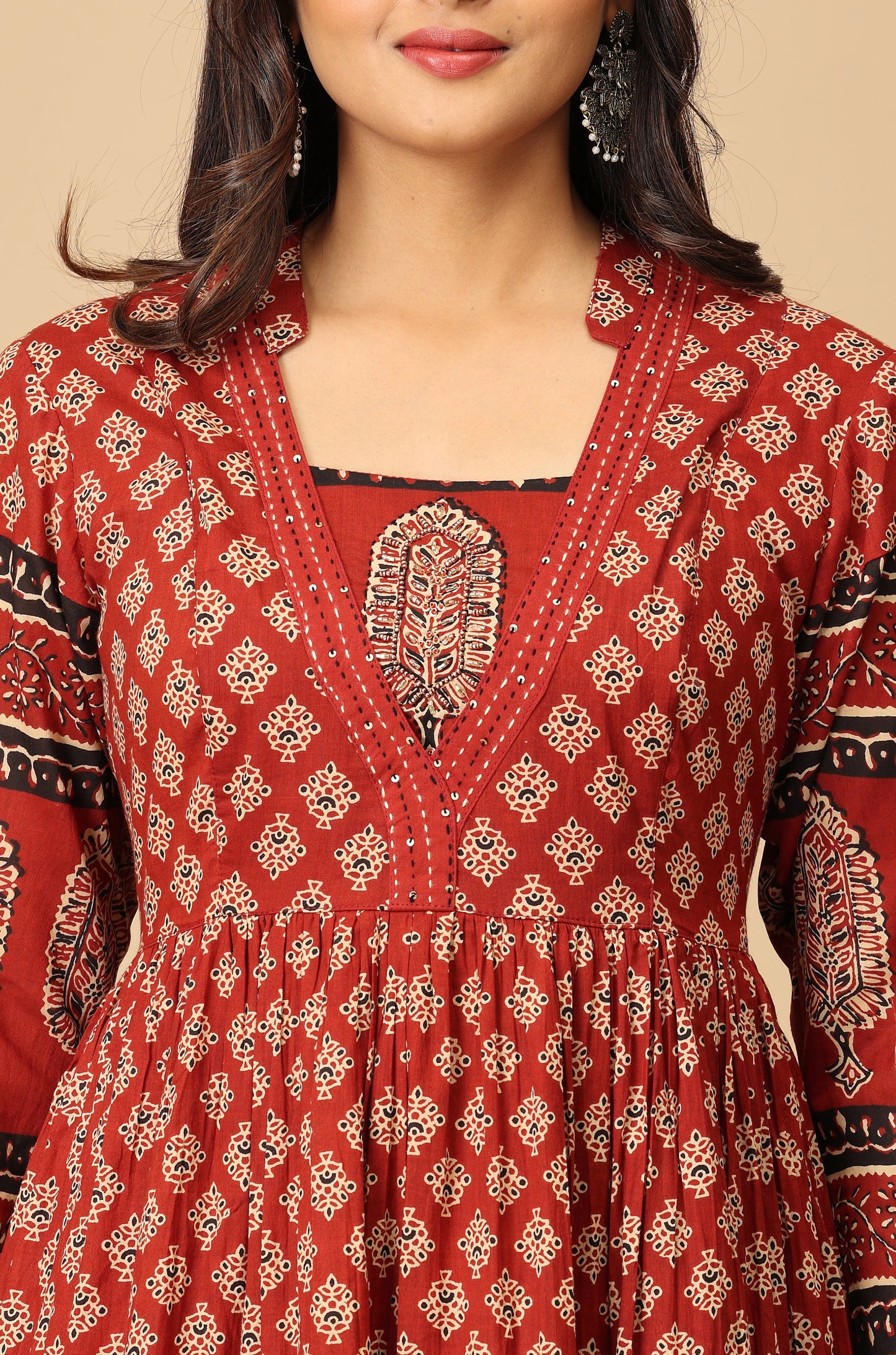 Maroon Printed Cotton Frills with Gathers A-Line Anarkali