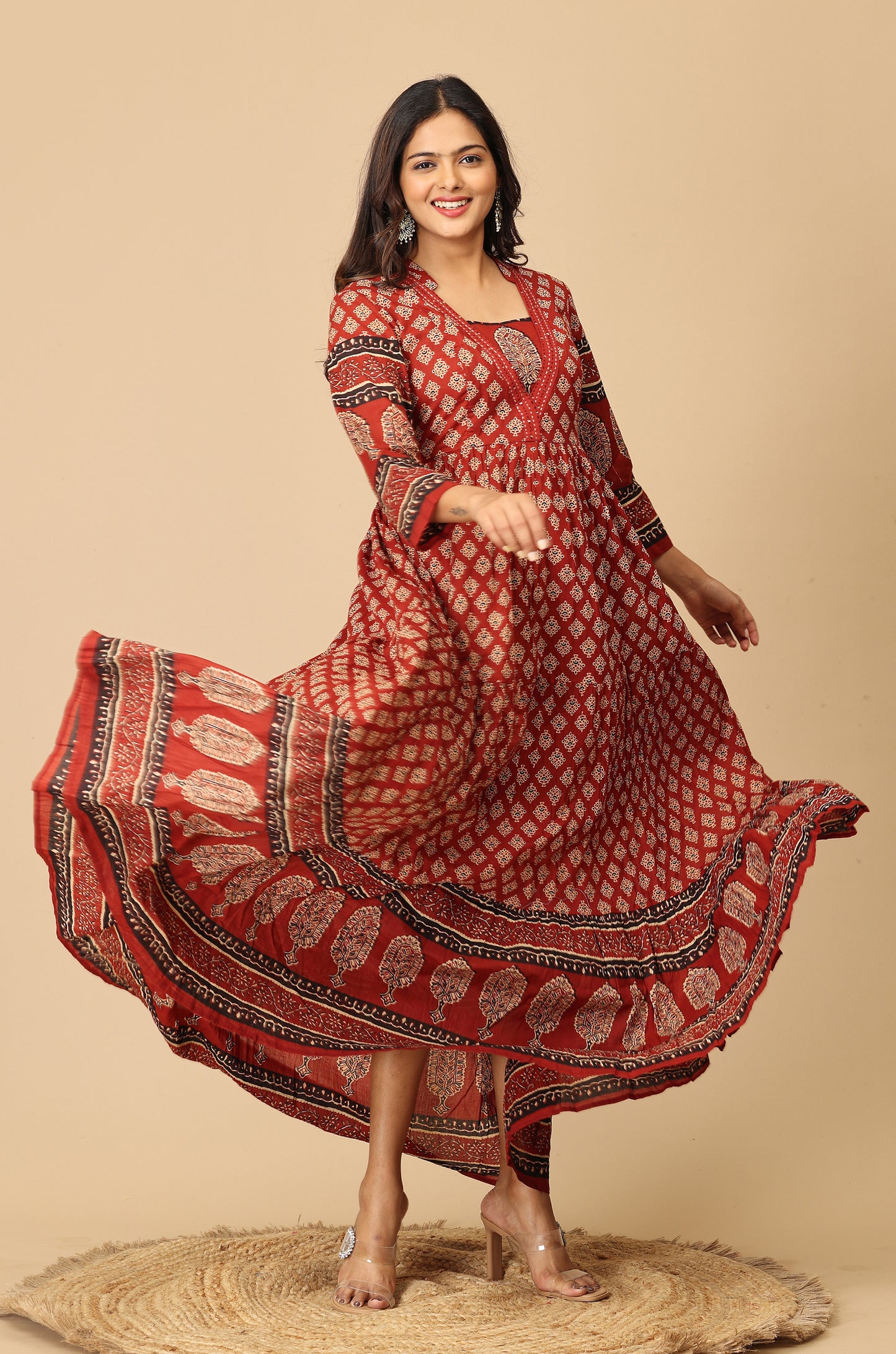 Maroon Printed Cotton Frills with Gathers A-Line Anarkali