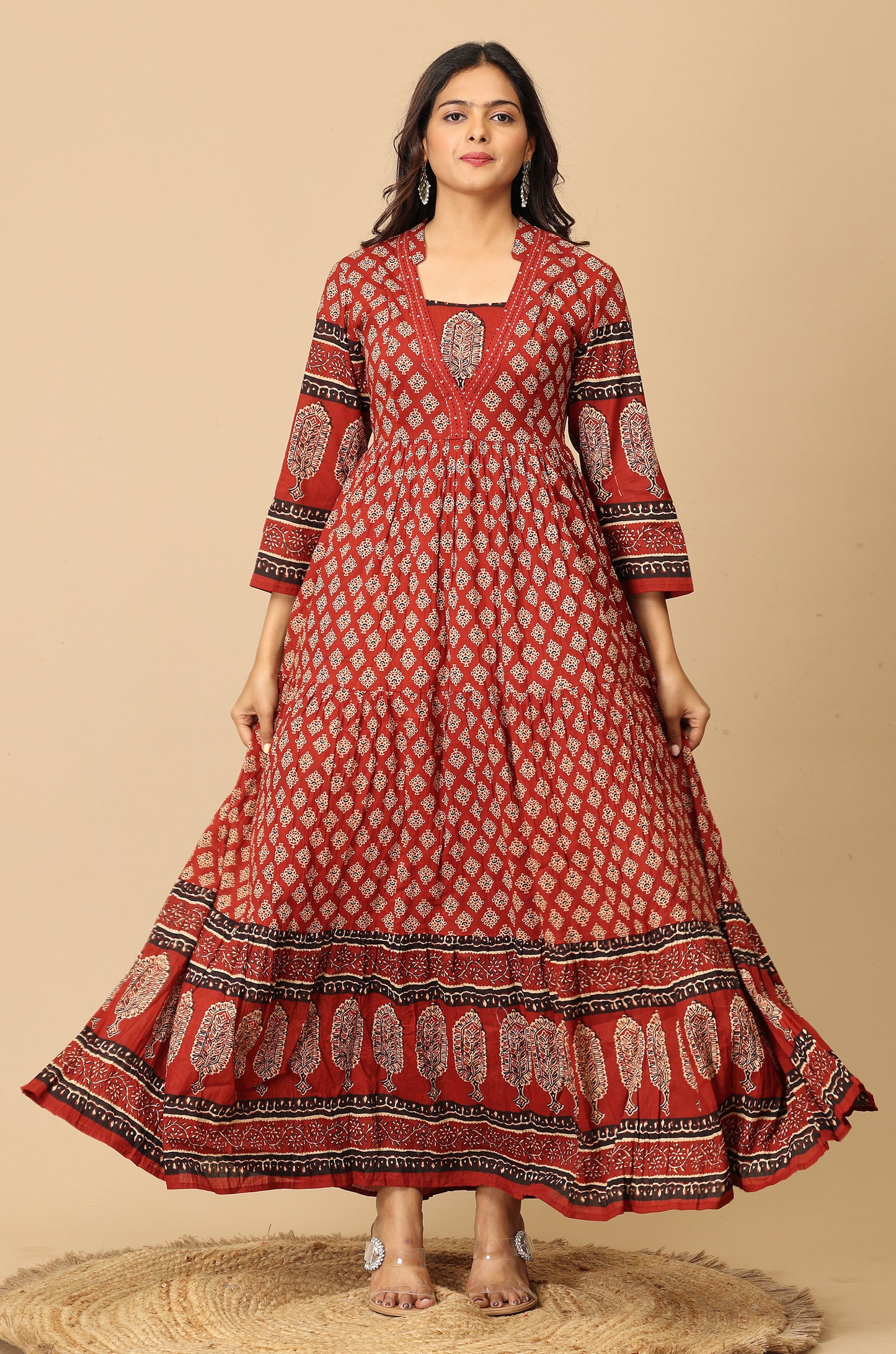 Maroon Printed Cotton Frills with Gathers A-Line Anarkali