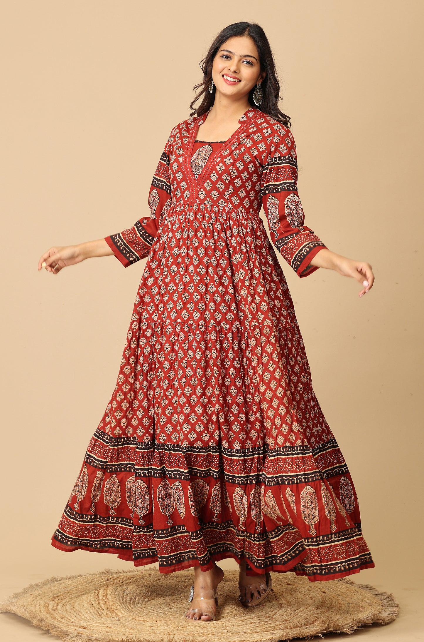 Maroon Printed Cotton Frills with Gathers A-Line Anarkali