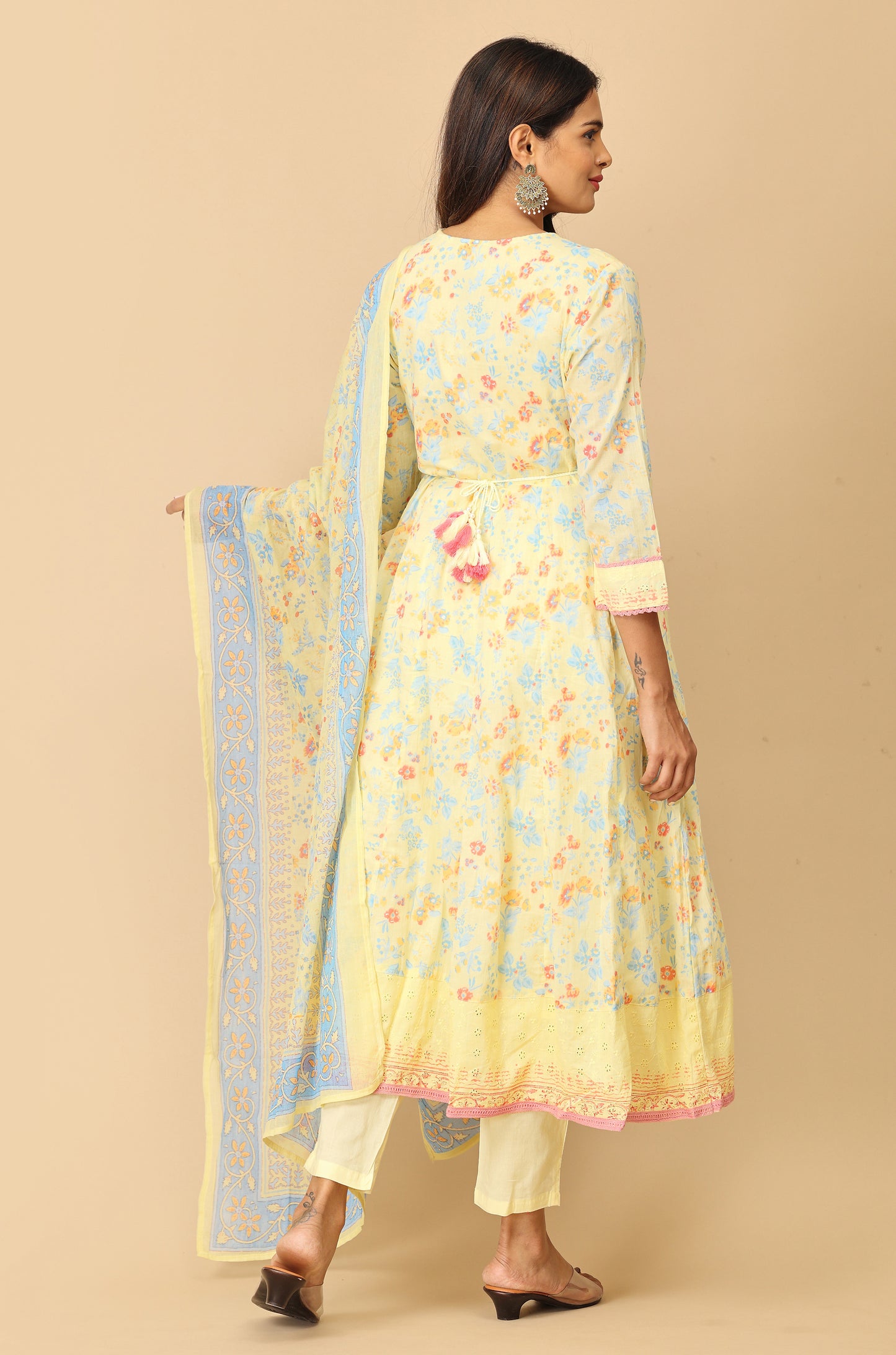 Yellow Angrakha Cotton Printed with Embroidery Anarkali Set