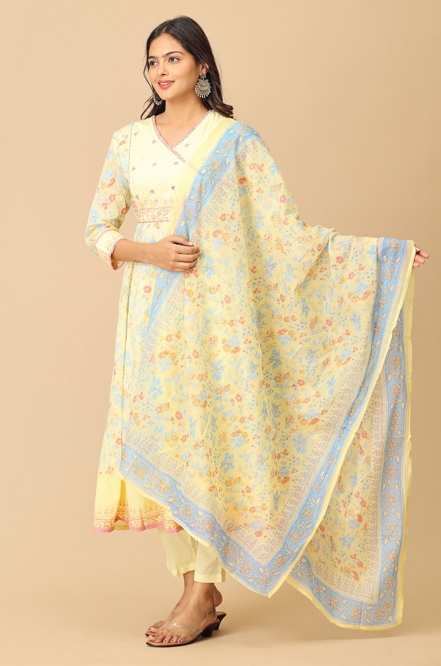 Yellow Angrakha Cotton Printed with Embroidery Anarkali Set