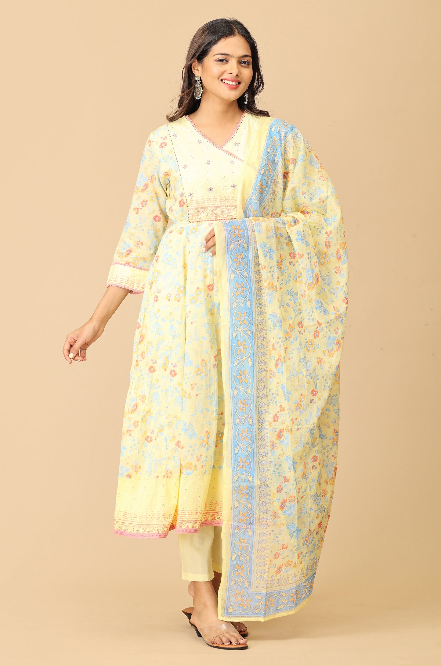 Yellow Angrakha Cotton Printed with Embroidery Anarkali Set