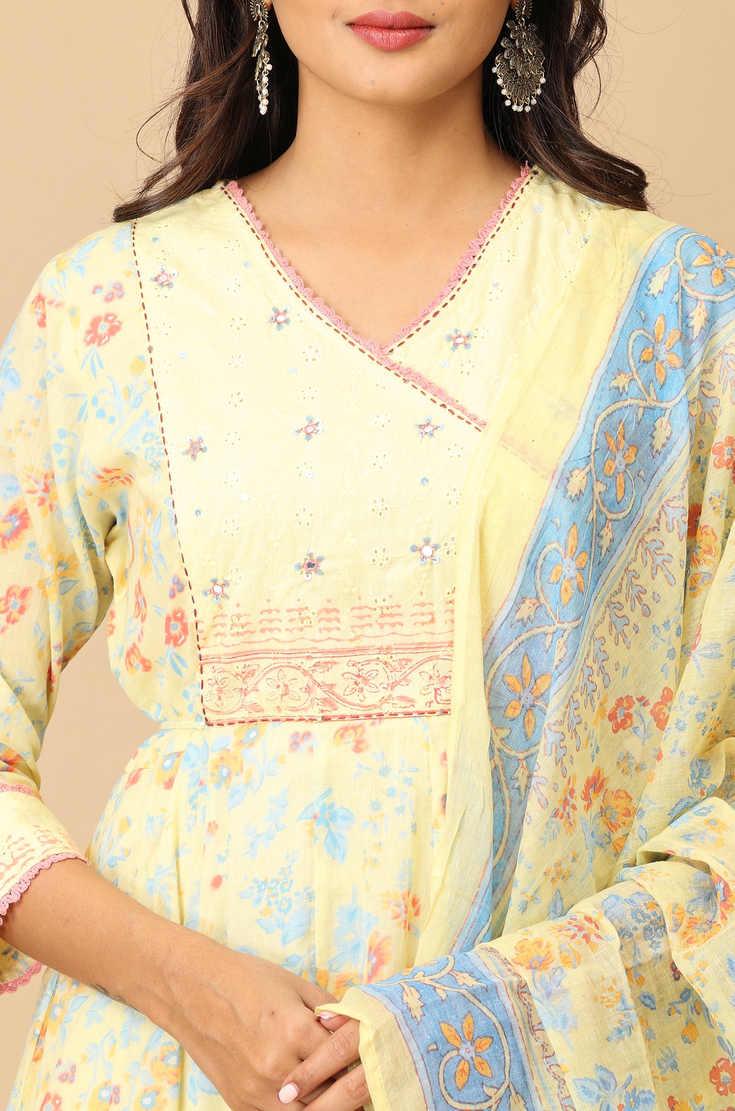 Yellow Angrakha Cotton Printed with Embroidery Anarkali Set