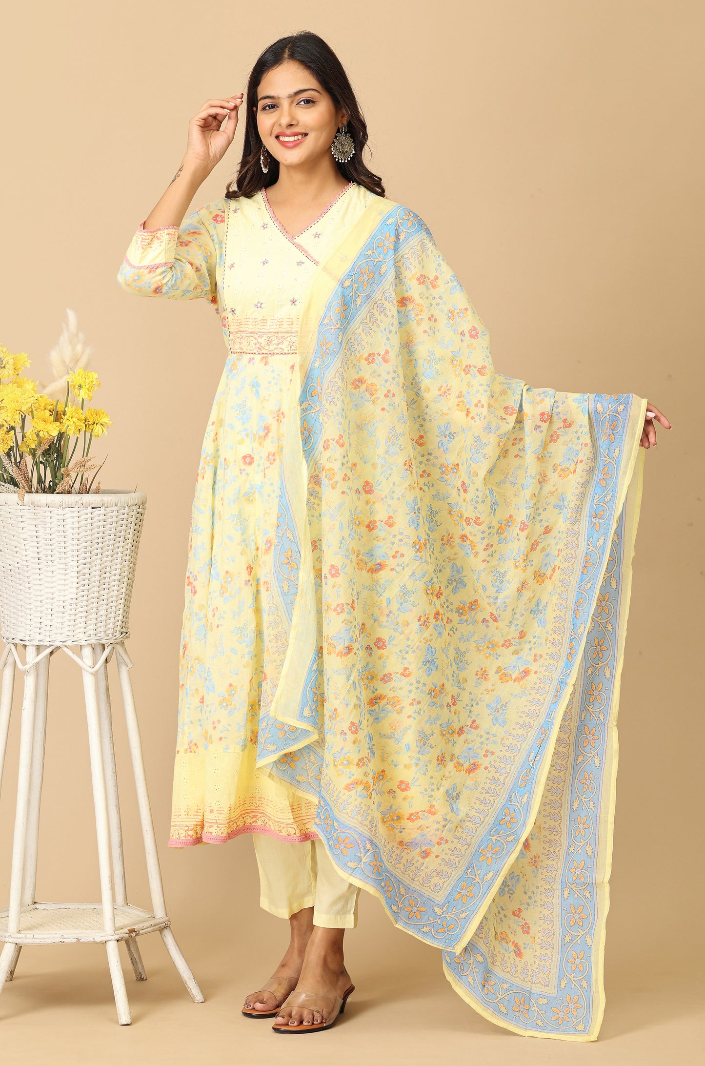 Yellow Angrakha Cotton Printed with Embroidery Anarkali Set