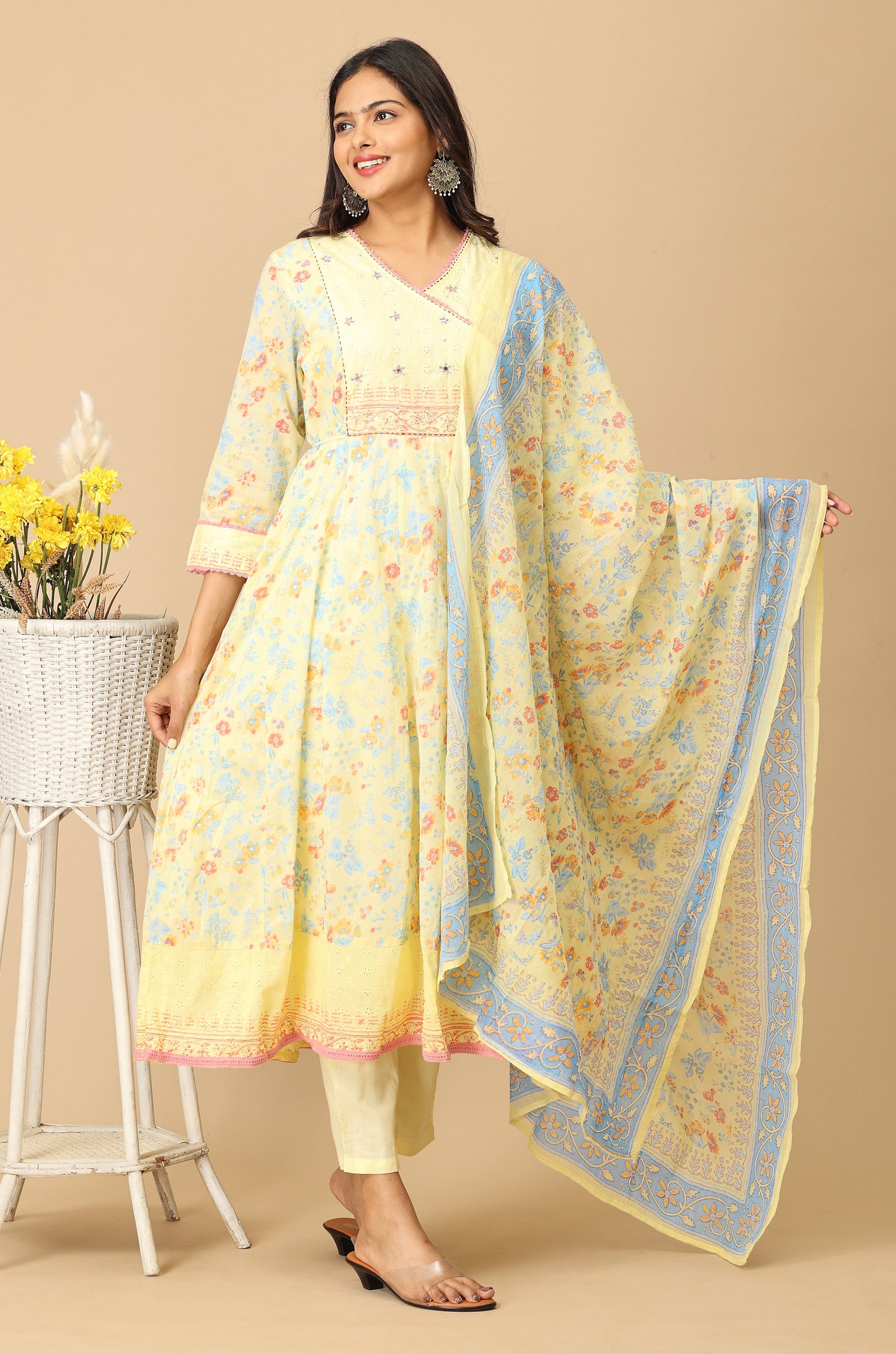 Yellow Angrakha Cotton Printed with Embroidery Anarkali Set