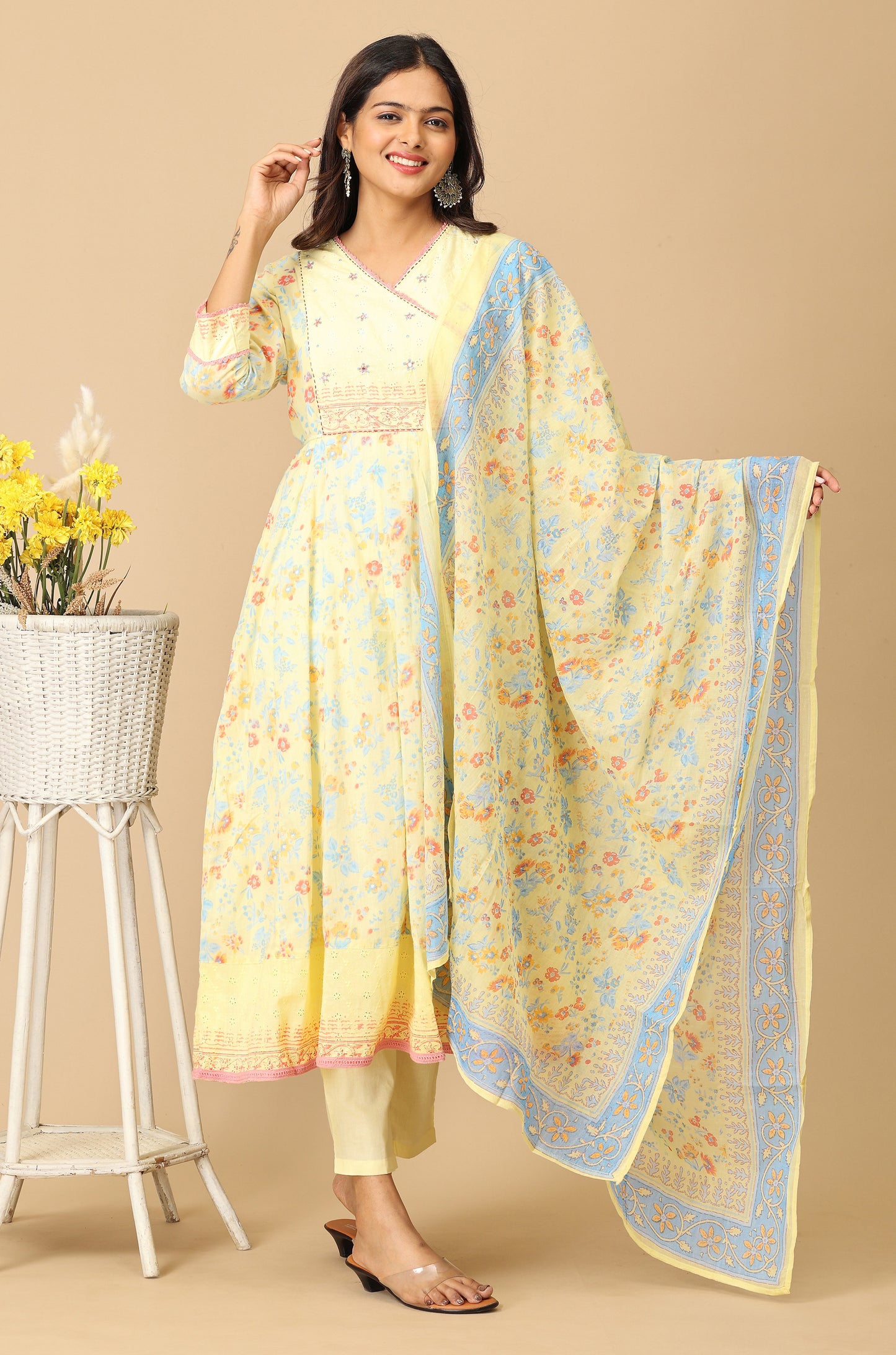 Yellow Angrakha Cotton Printed with Embroidery Anarkali Set