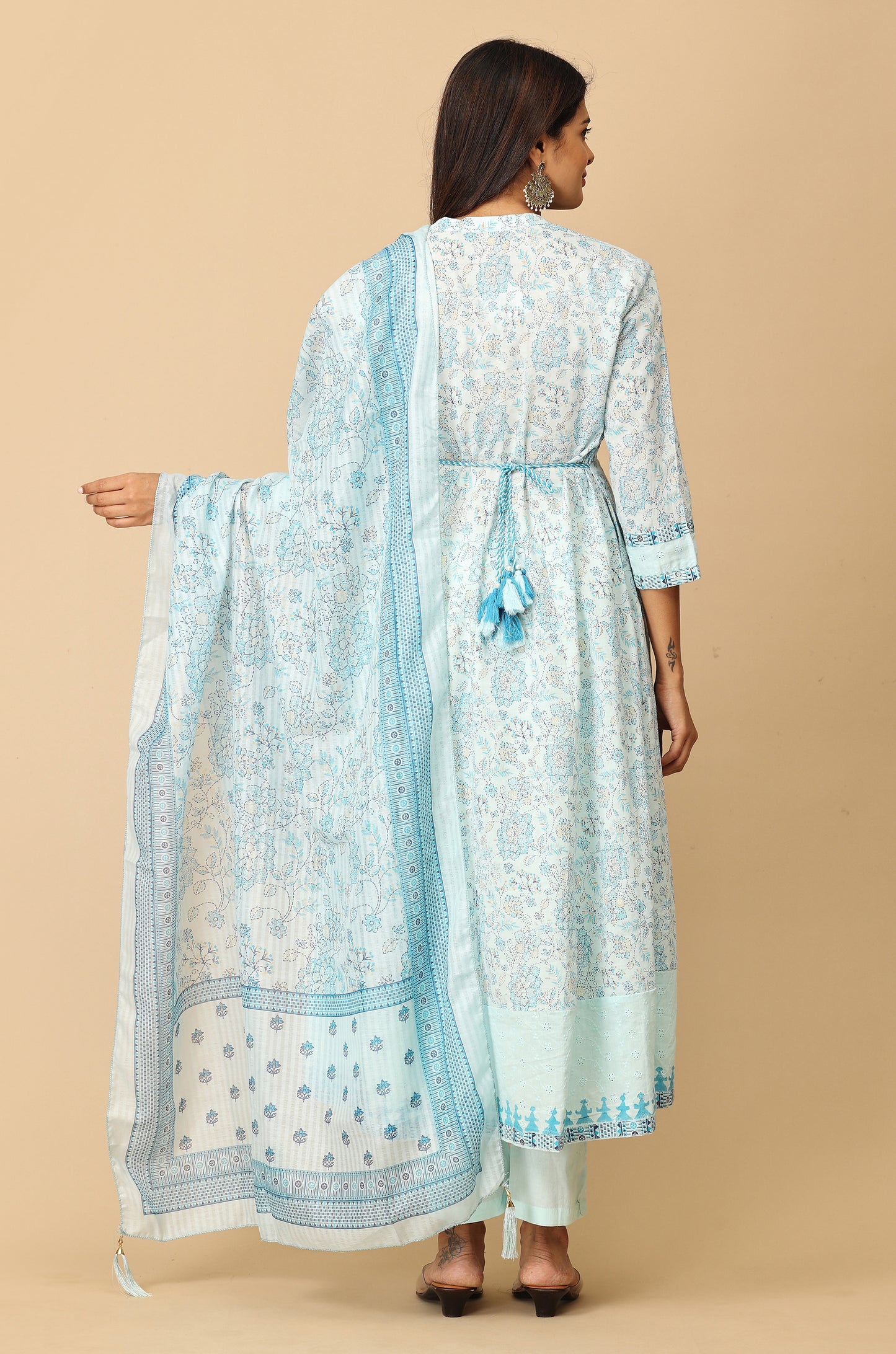 Light Blue Cotton Printed with Sequence Embroidery Anarkali Set