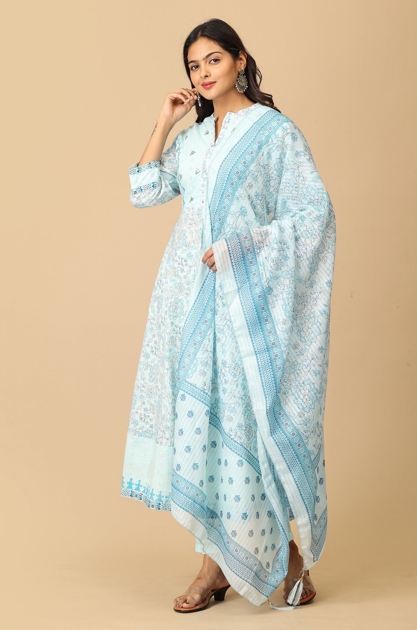 Light Blue Cotton Printed with Sequence Embroidery Anarkali Set