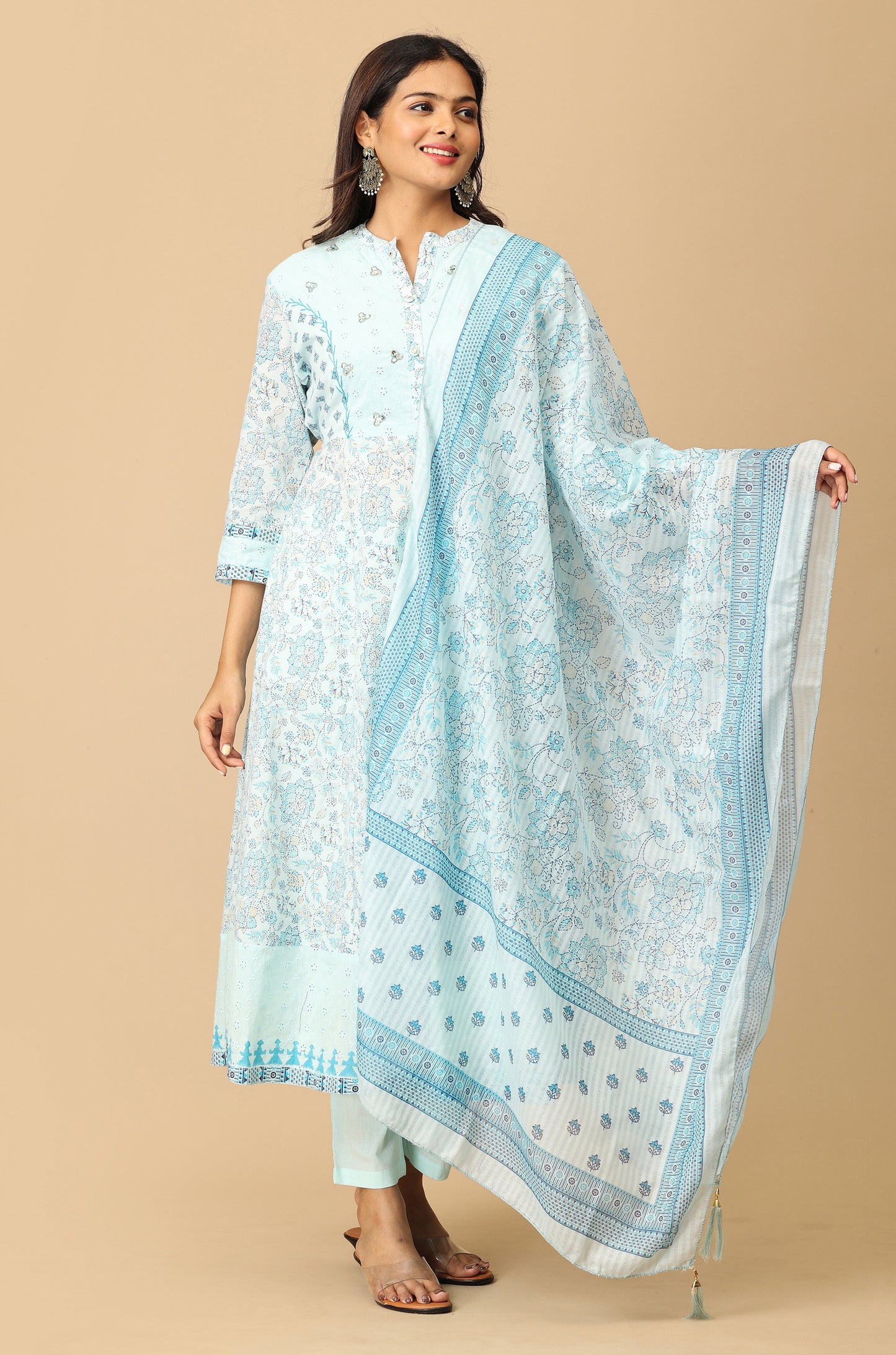 Light Blue Cotton Printed with Sequence Embroidery Anarkali Set
