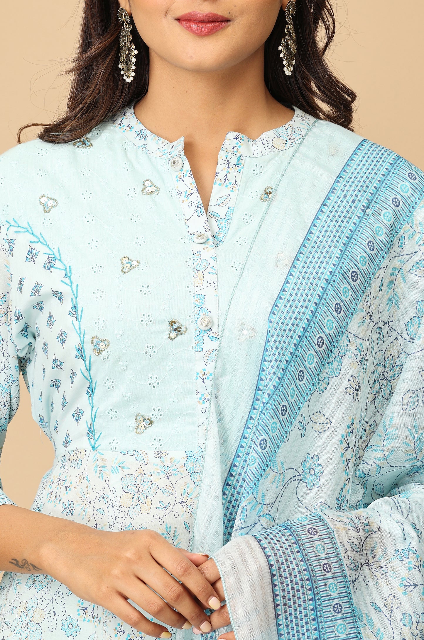 Light Blue Cotton Printed with Sequence Embroidery Anarkali Set