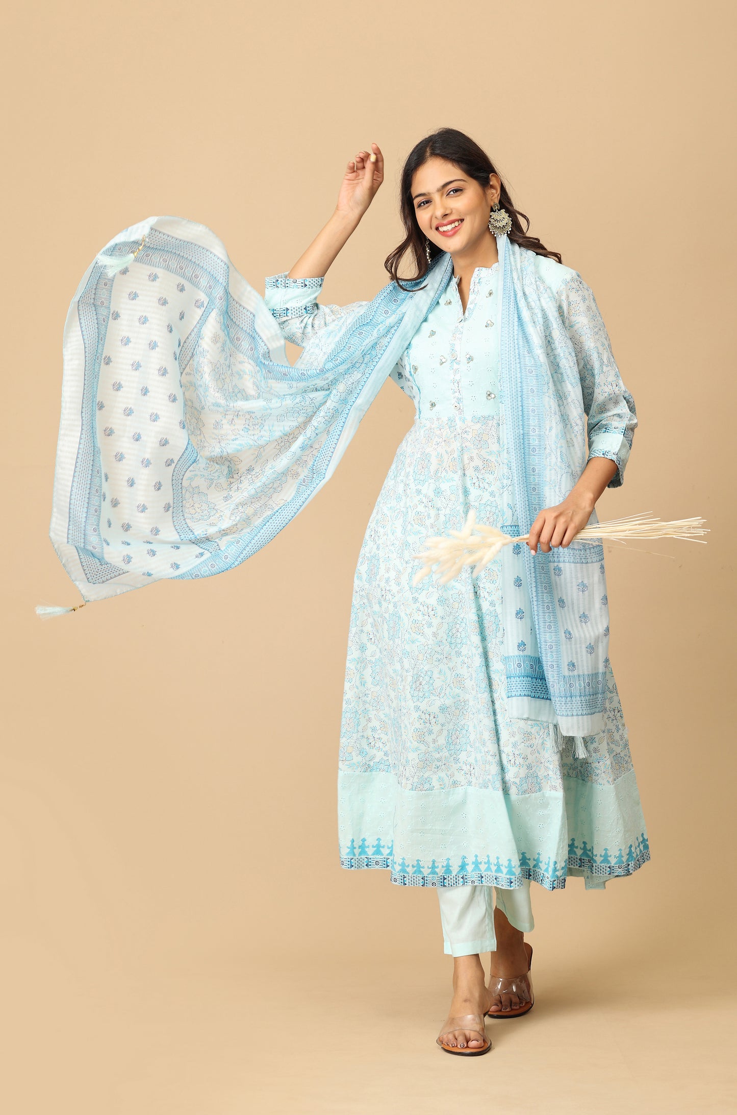 Light Blue Cotton Printed with Sequence Embroidery Anarkali Set