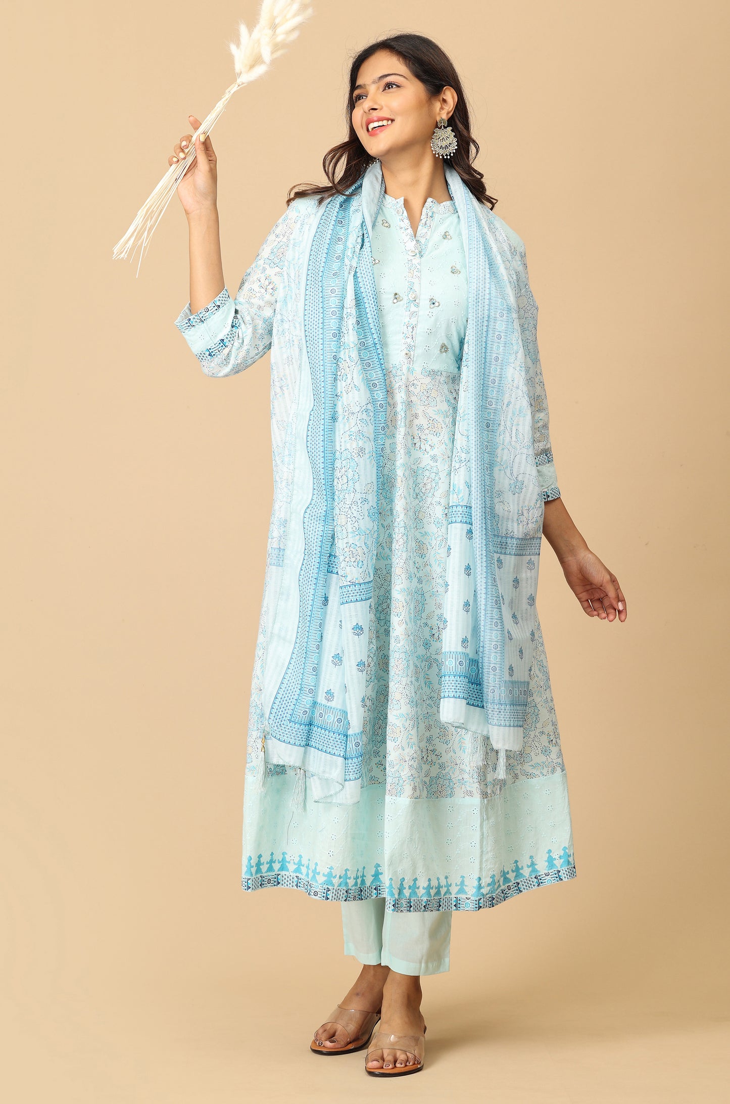 Light Blue Cotton Printed with Sequence Embroidery Anarkali Set