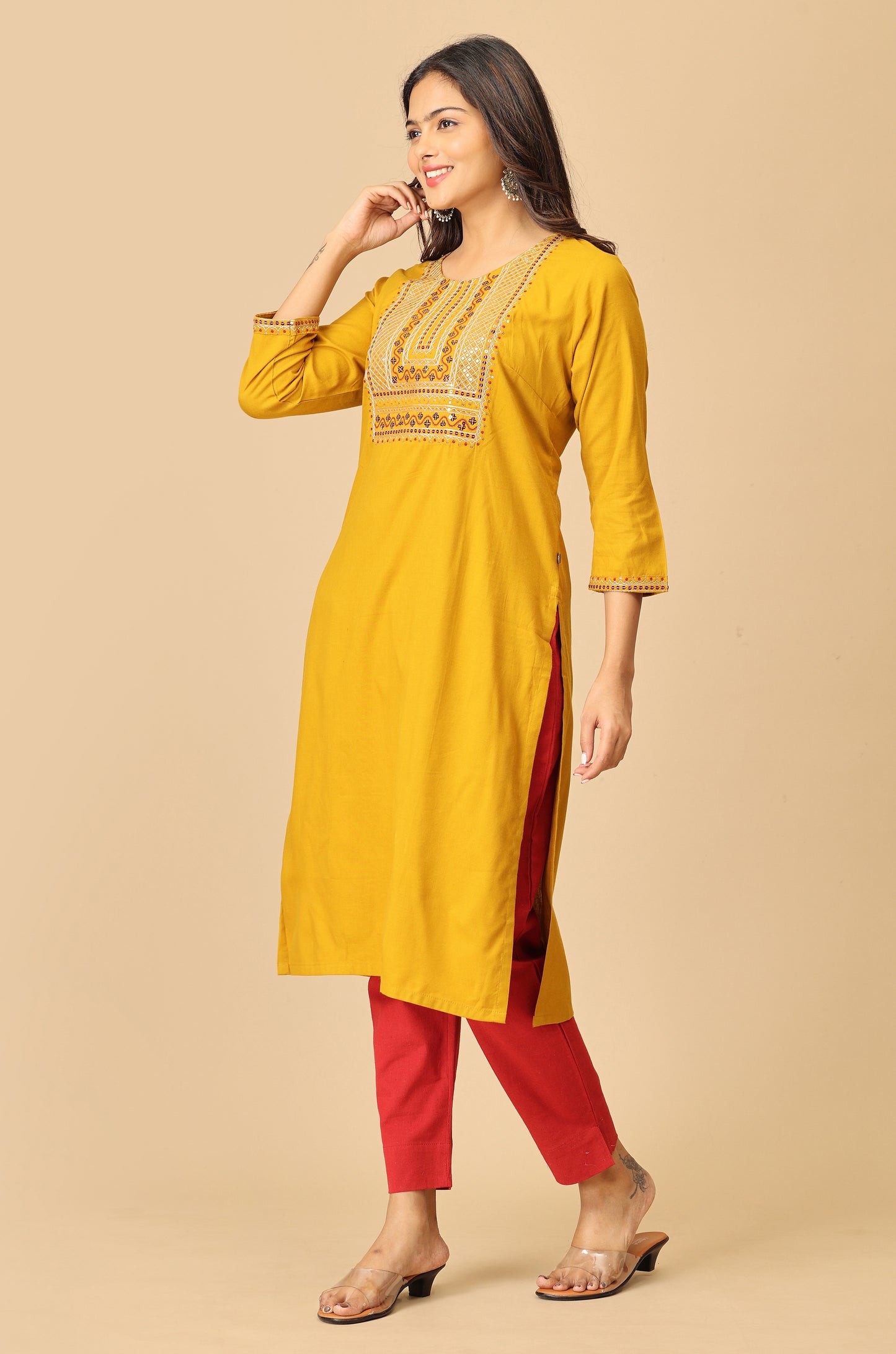 BB Cotton Mustard Sequence Embroidery
