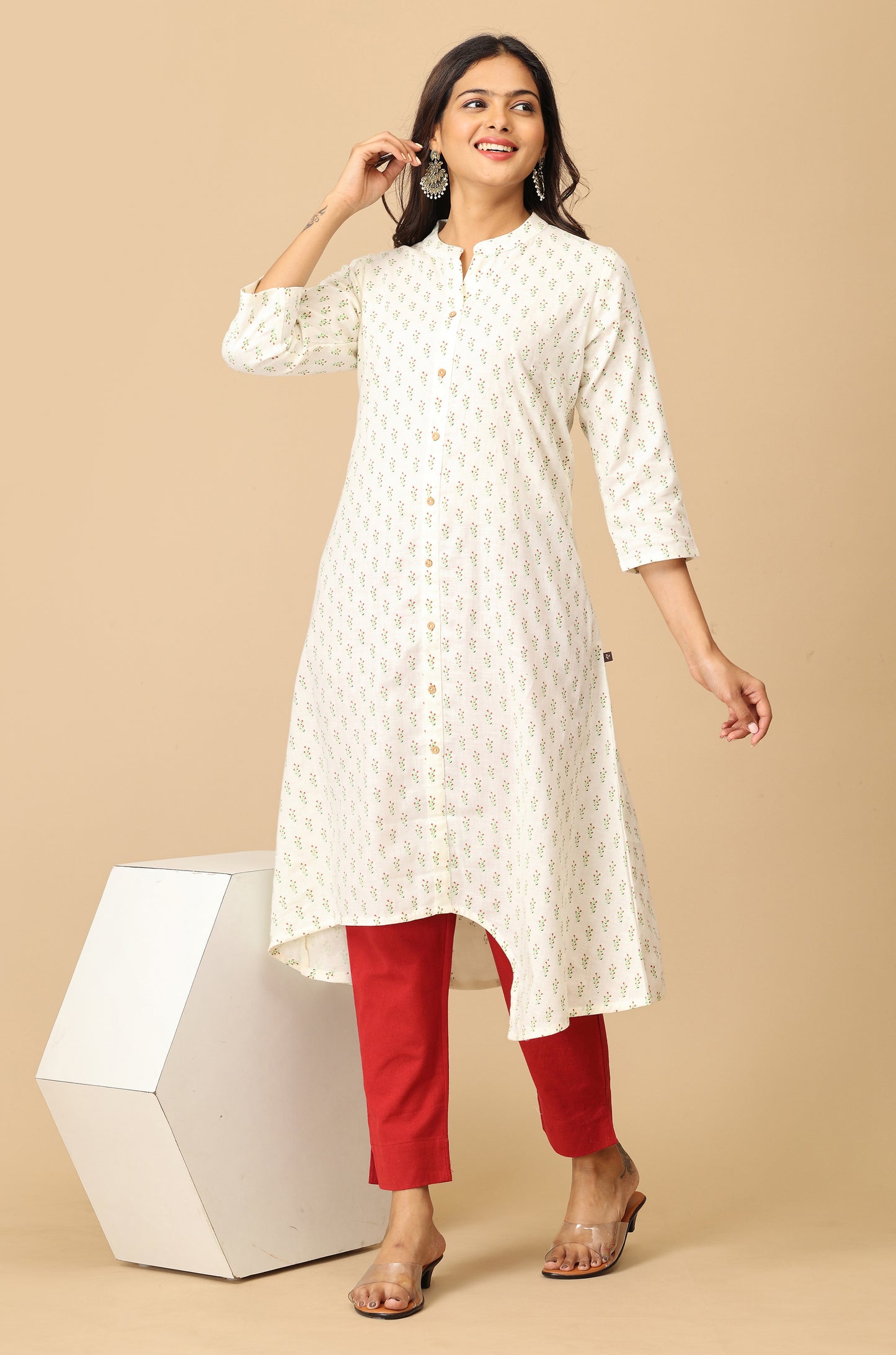 Ivory All Over Print Asymmetric A Line Kurta