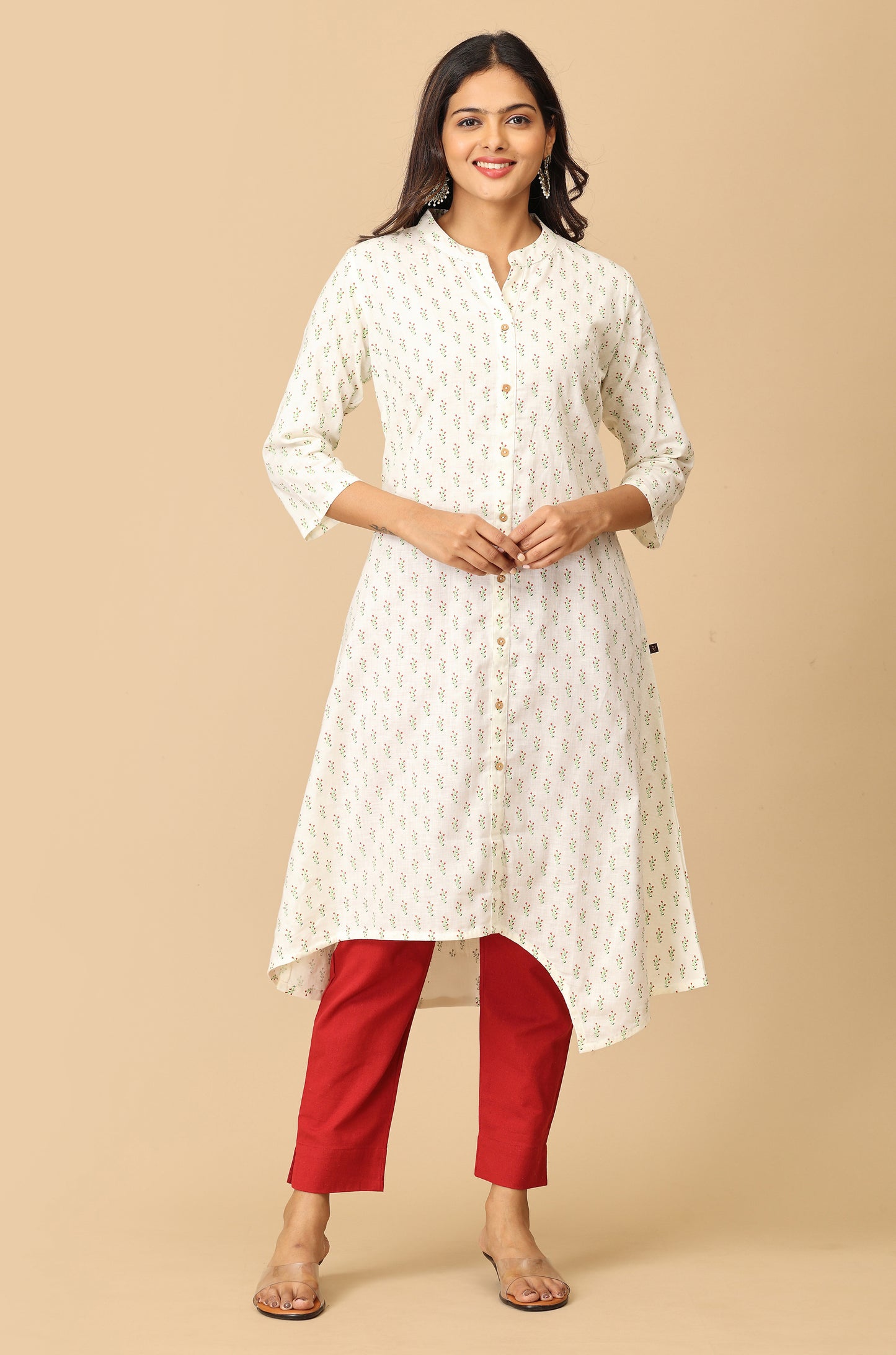 Ivory All Over Print Asymmetric A Line Kurta
