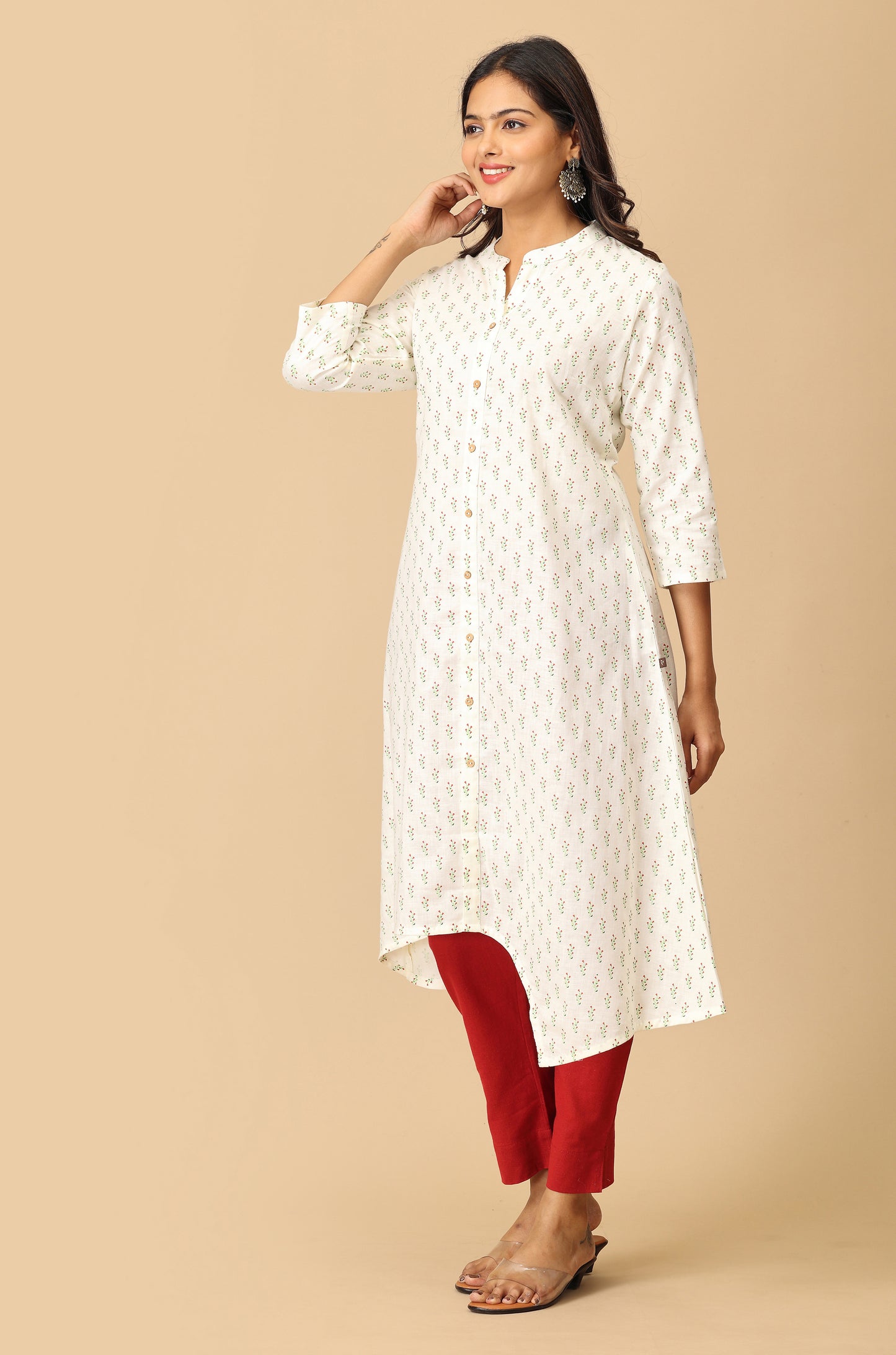 Ivory All Over Print Asymmetric A Line Kurta