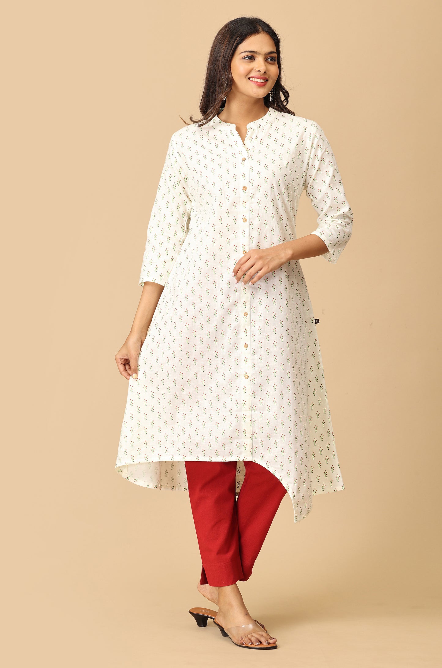 Ivory All Over Print Asymmetric A Line Kurta
