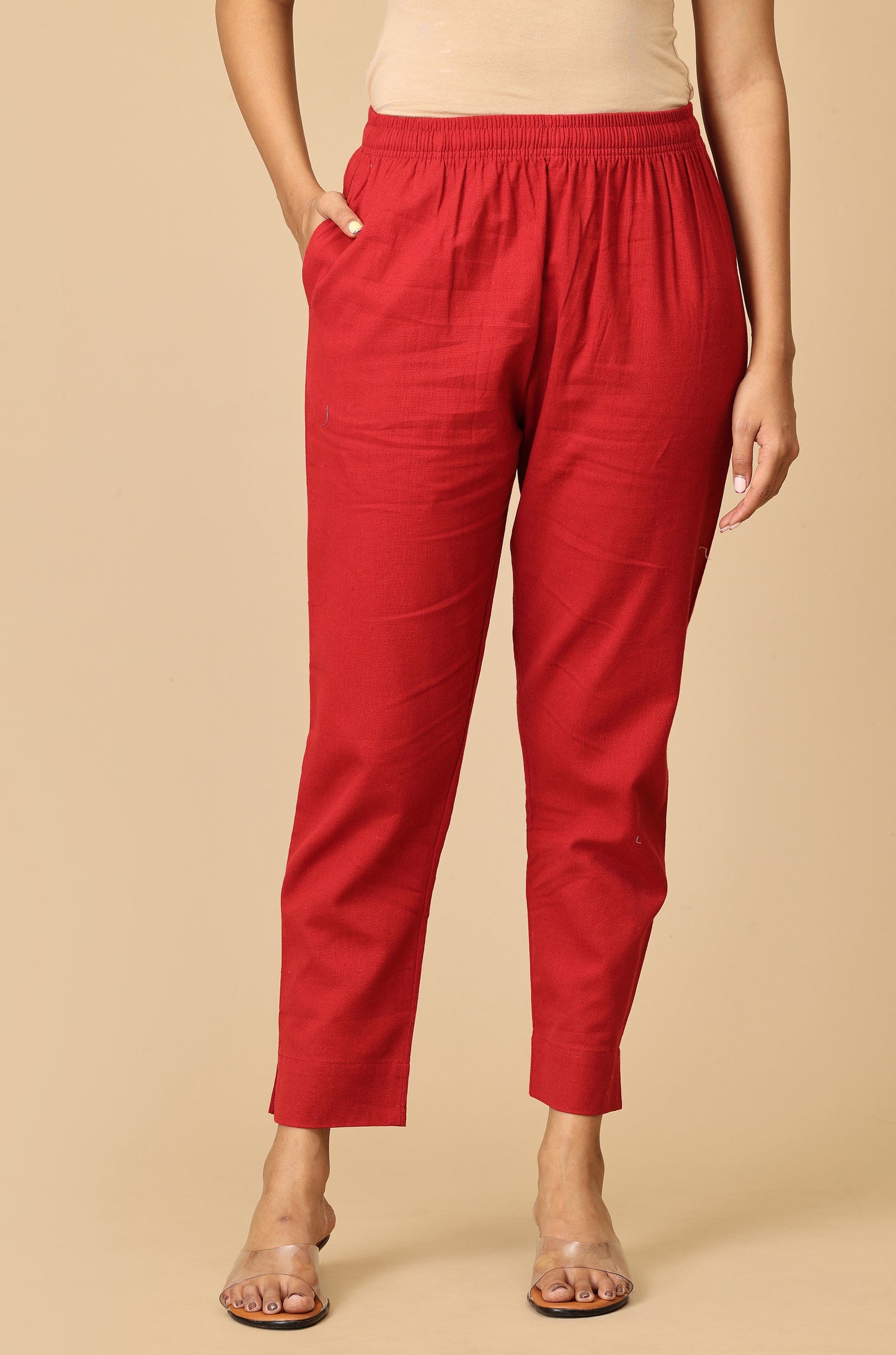 Maroon Cotton Trouser Fit with Drawstring Cigarette Pant