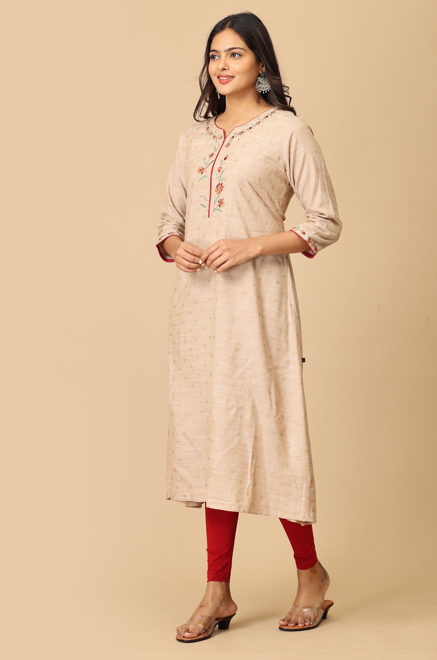 Beige Print with Embroidery Kurti