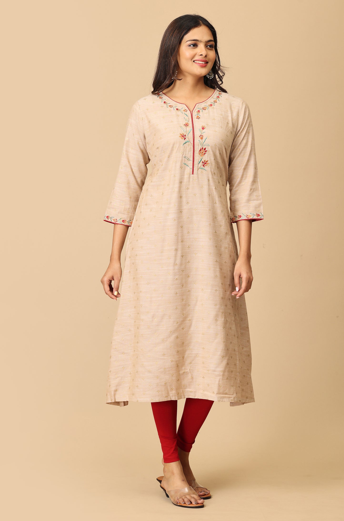 Beige Print with Embroidery Kurti