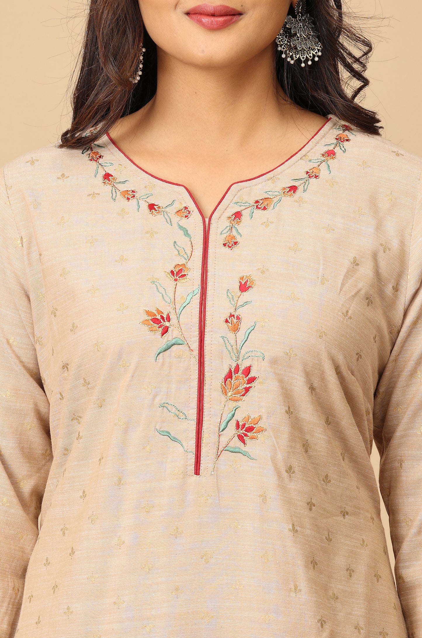 Beige Print with Embroidery Kurti