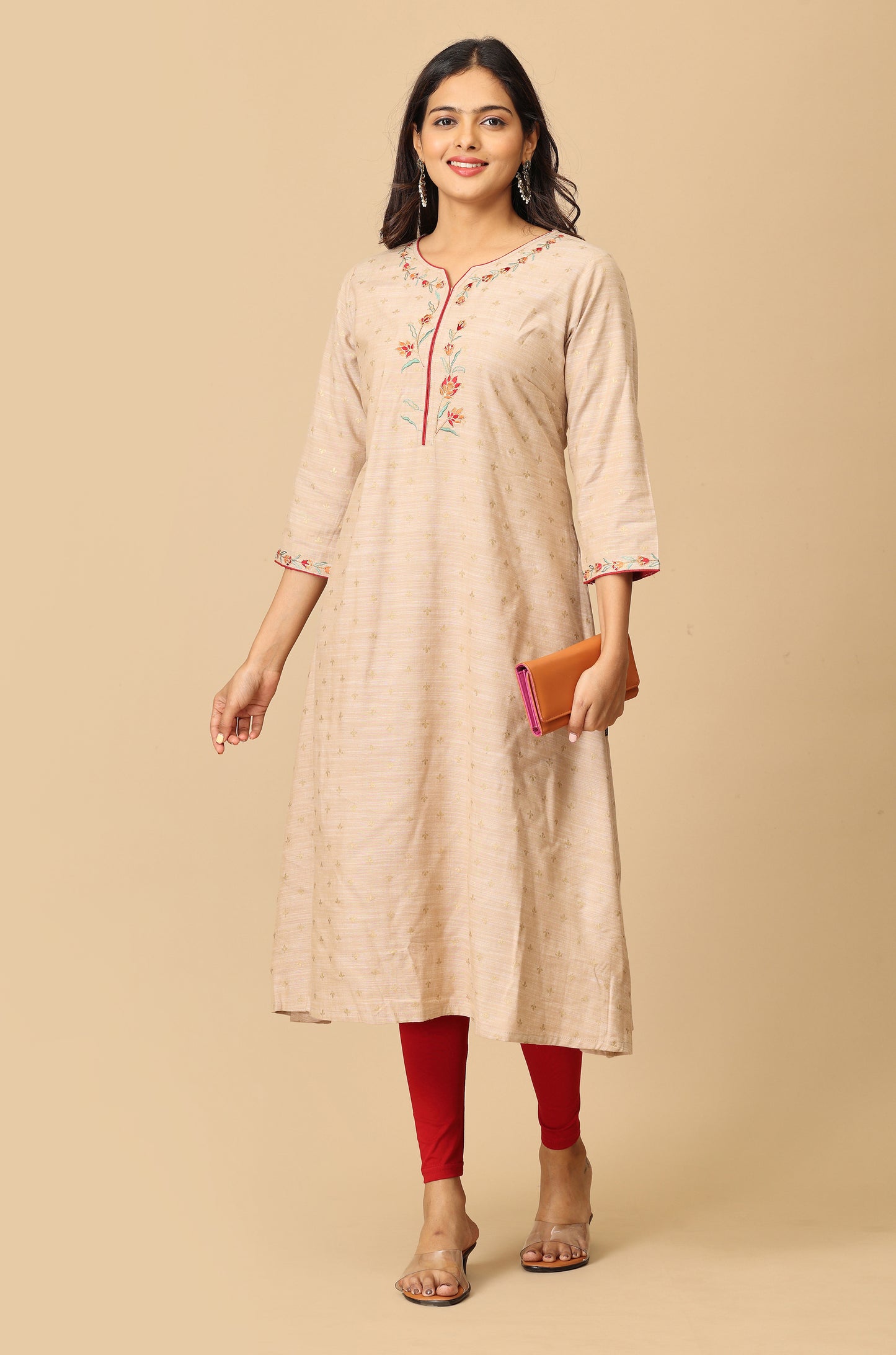 Beige Print with Embroidery Kurti