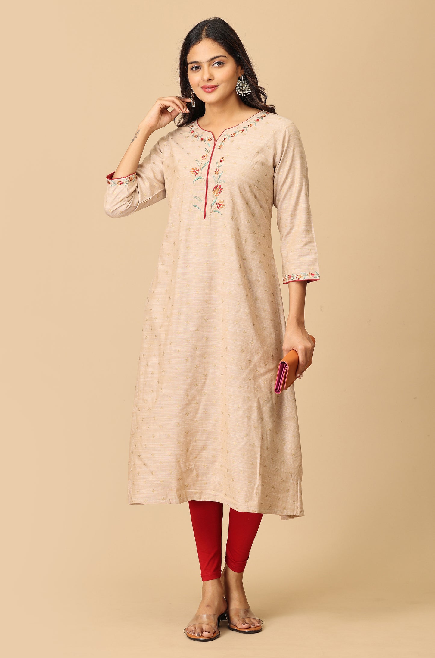 Beige Print with Embroidery Kurti