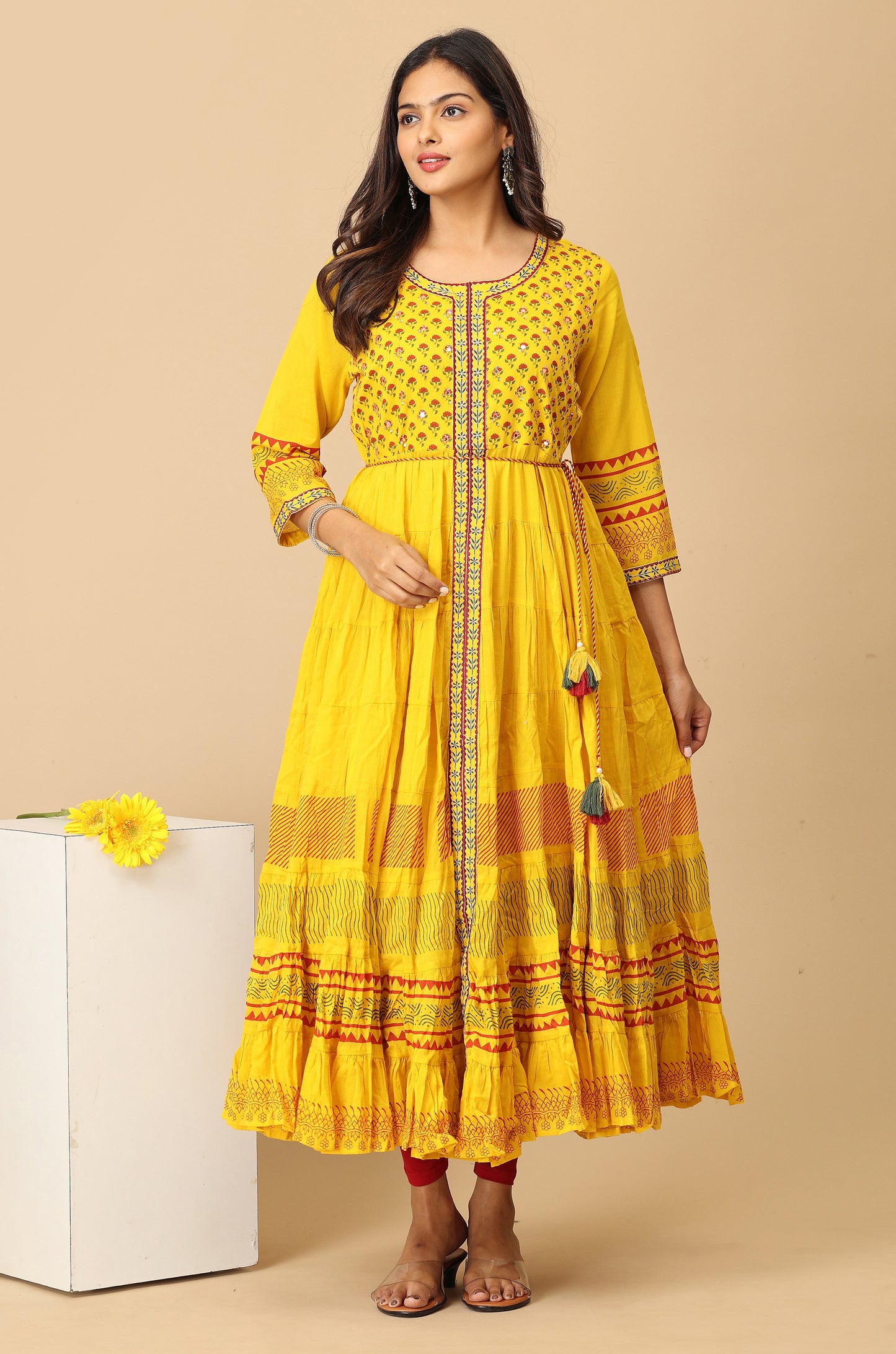 Yellow Printed Cotton Frills with Pleated Anarkali