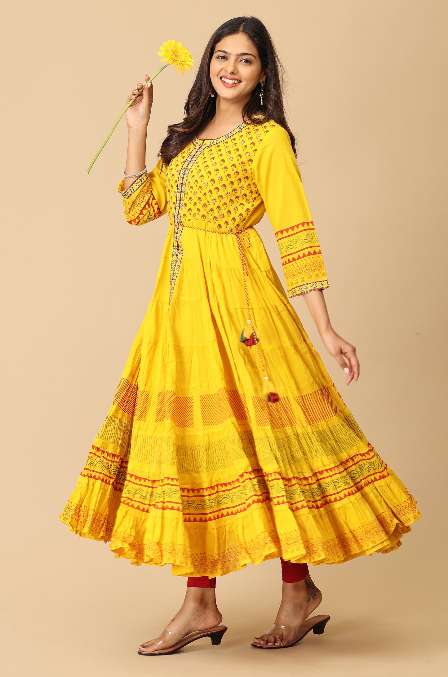 Yellow Printed Cotton Frills with Pleated Anarkali
