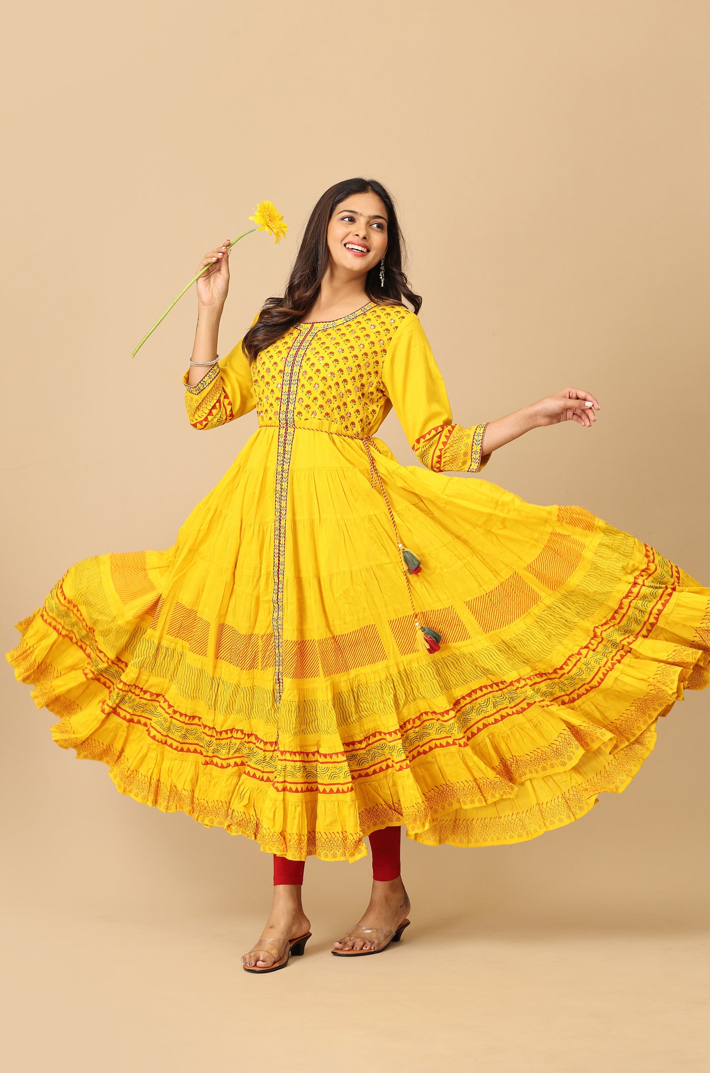 Yellow Printed Cotton Frills with Pleated Anarkali